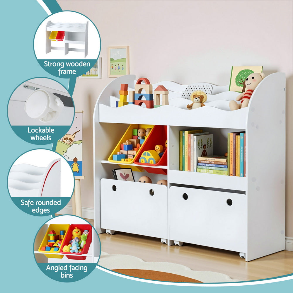Keezi 3 Tiers Kids Bookshelf Storage Children Bookcase Toy Box Organiser Display White Keezi