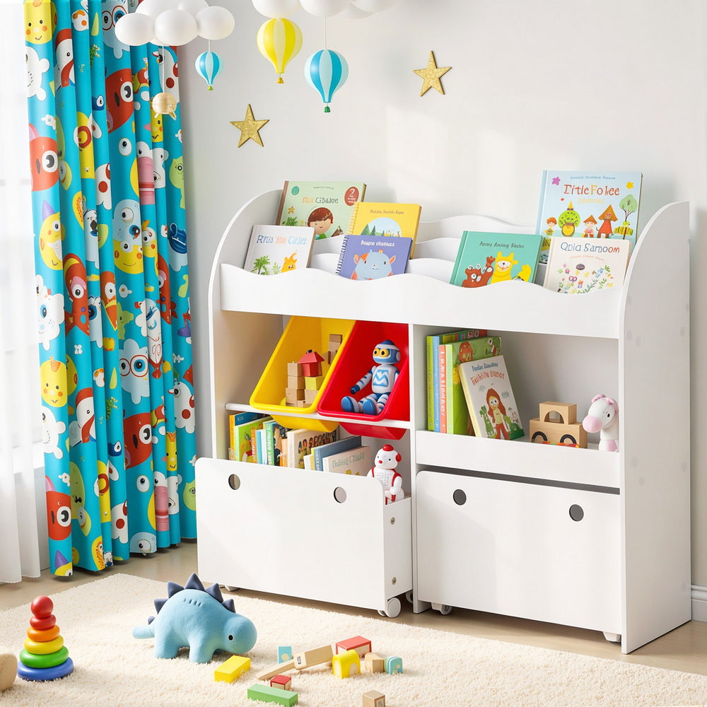 Keezi 3 Tiers Kids Bookshelf Storage Children Bookcase Toy Box Organiser Display White Keezi