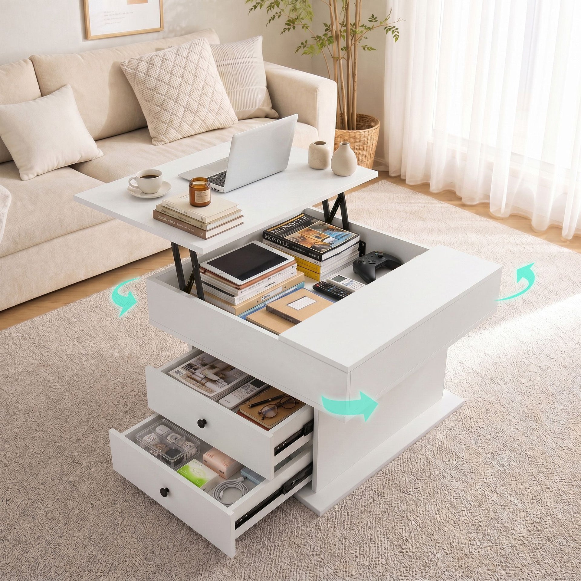 Artiss Lift Top Coffee Table Centre Table with Rotating Top Hidden Storage White Awezingly