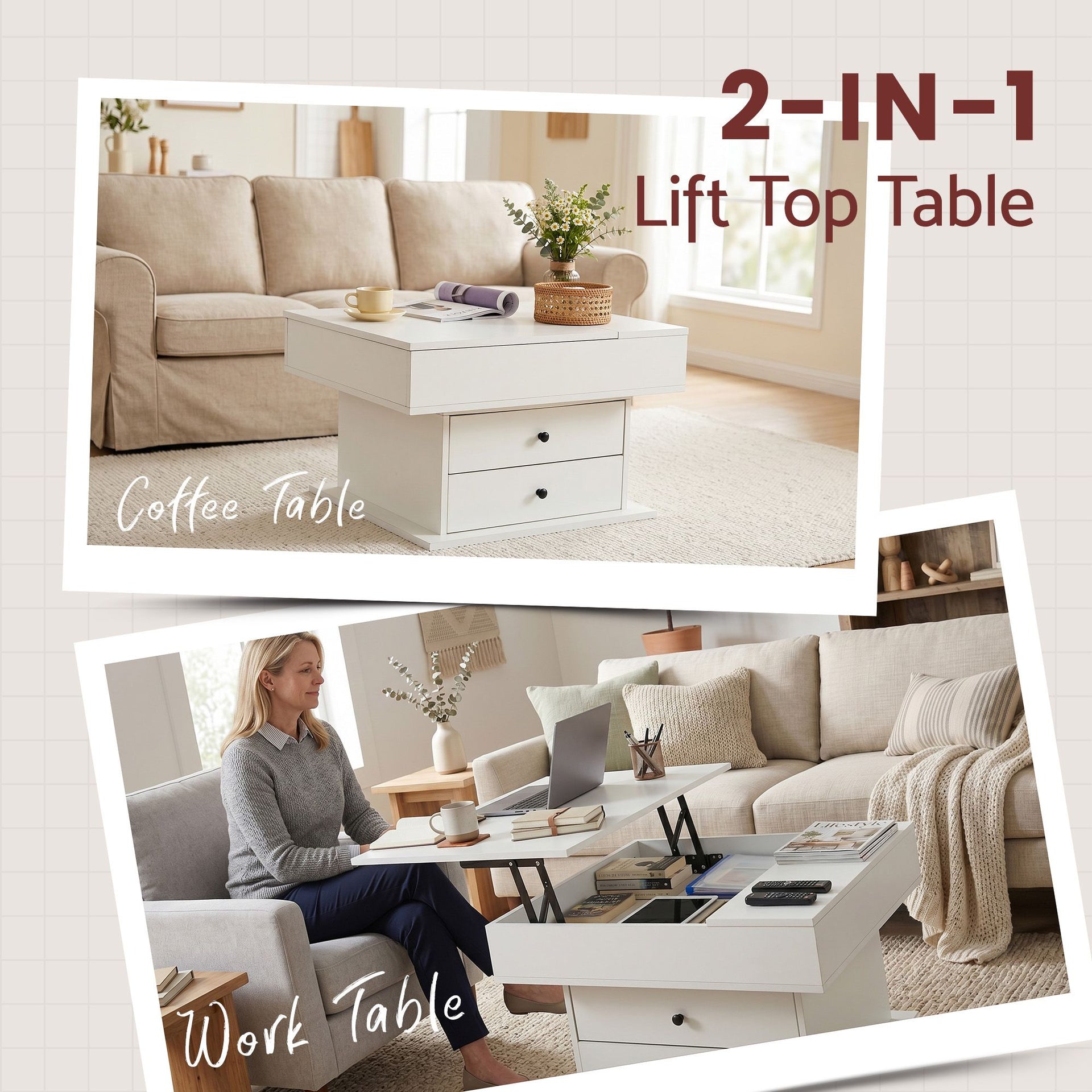 Artiss Lift Top Coffee Table Centre Table with Rotating Top Hidden Storage White Awezingly