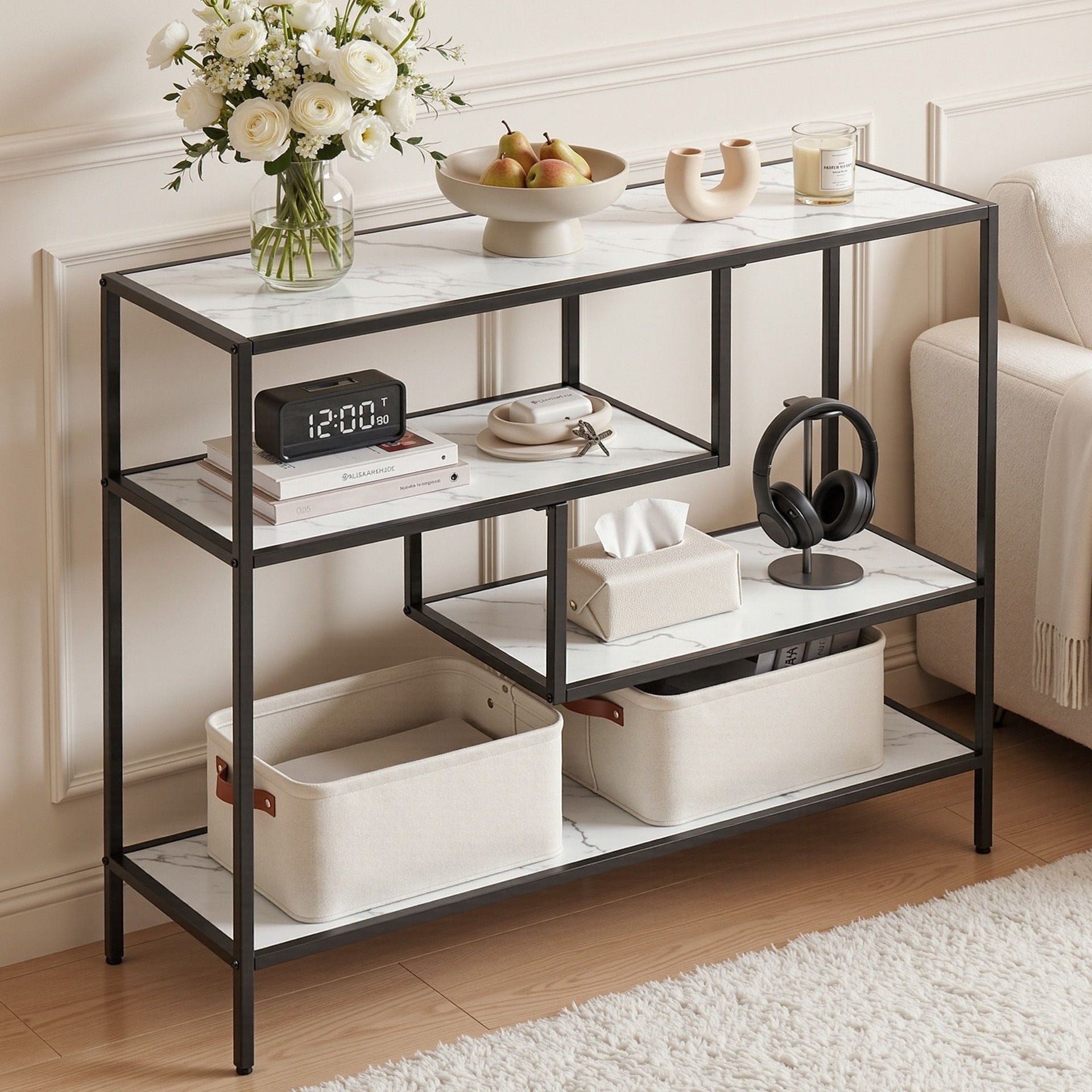 Artiss Console Table Entryway Hallway Marble Effect 4-Tier Storage Shelves White Awezingly
