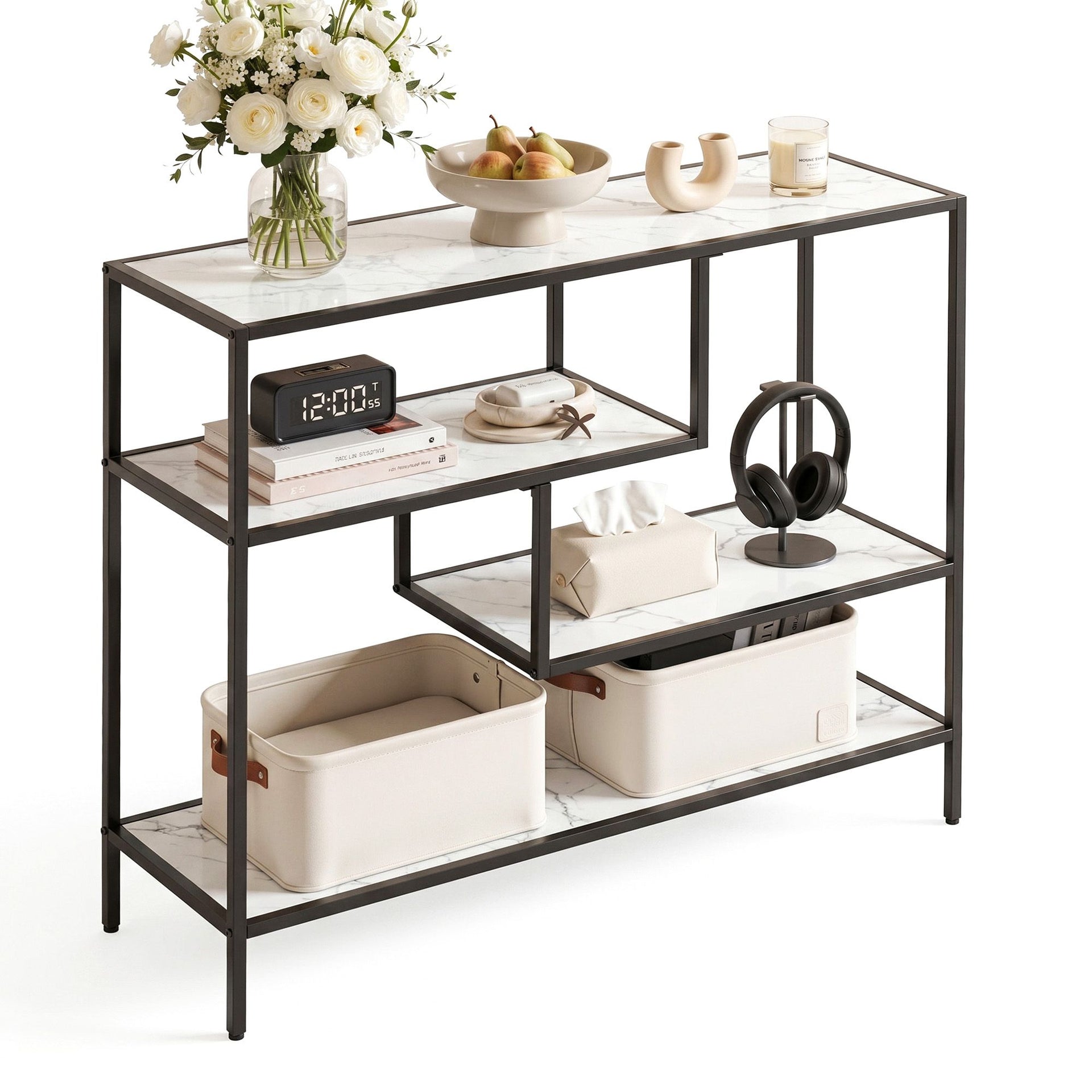 Artiss Console Table Entryway Hallway Marble Effect 4-Tier Storage Shelves White Awezingly