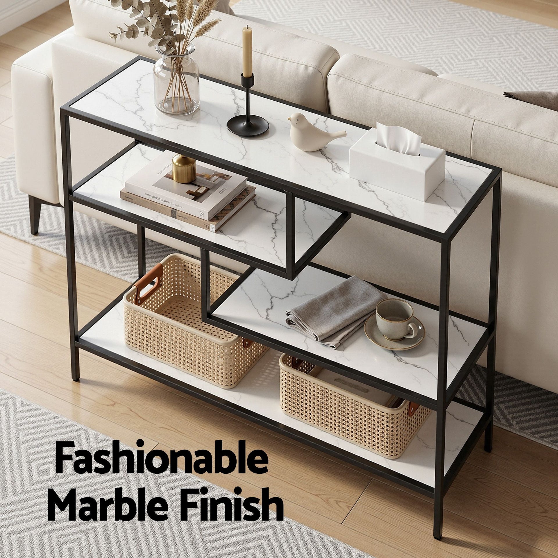 Artiss Console Table Entryway Hallway Marble Effect 4-Tier Storage Shelves White Awezingly