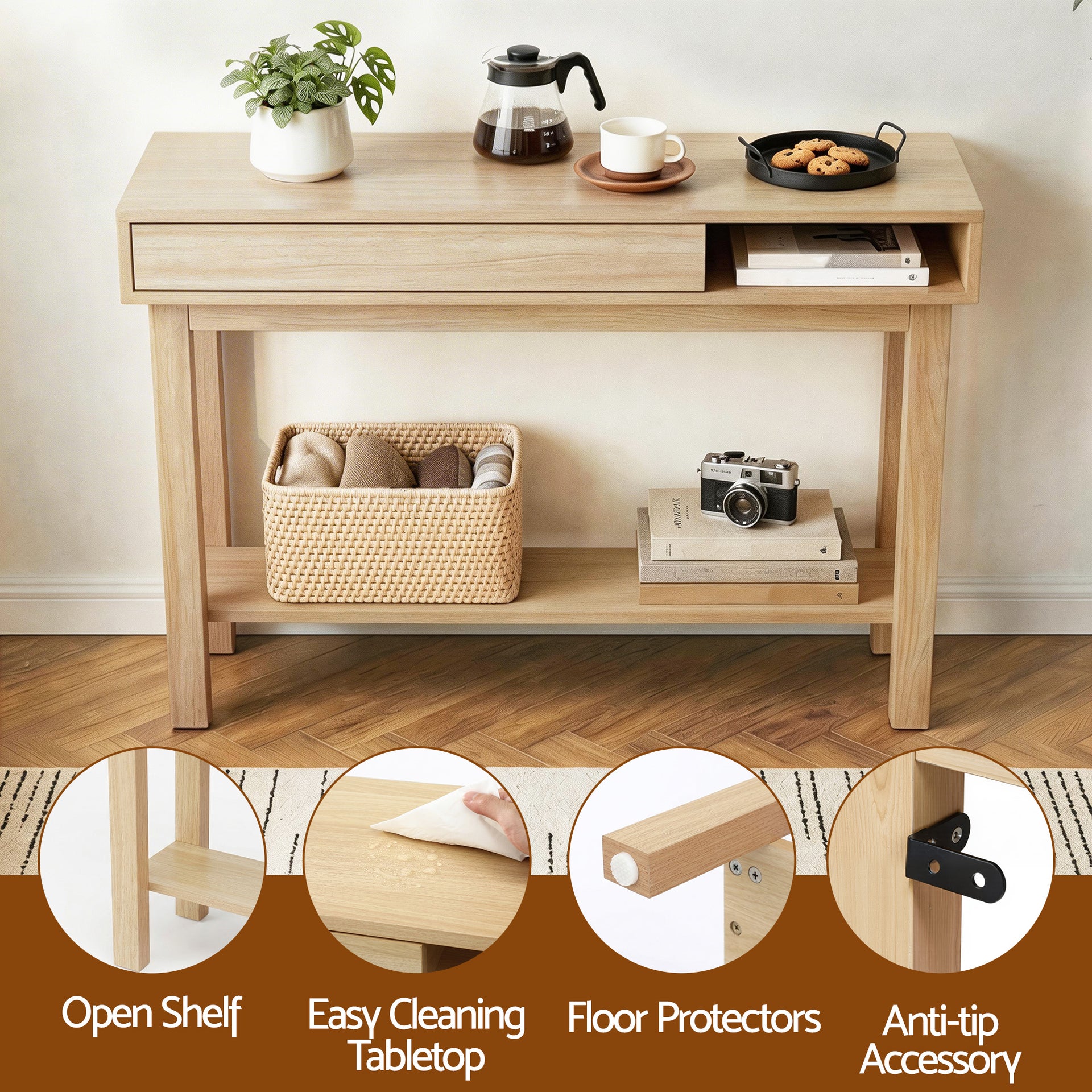 Artiss Console Table Entryway Hallway Sofa Side Table Drawer Shelf 100CM Wood Awezingly