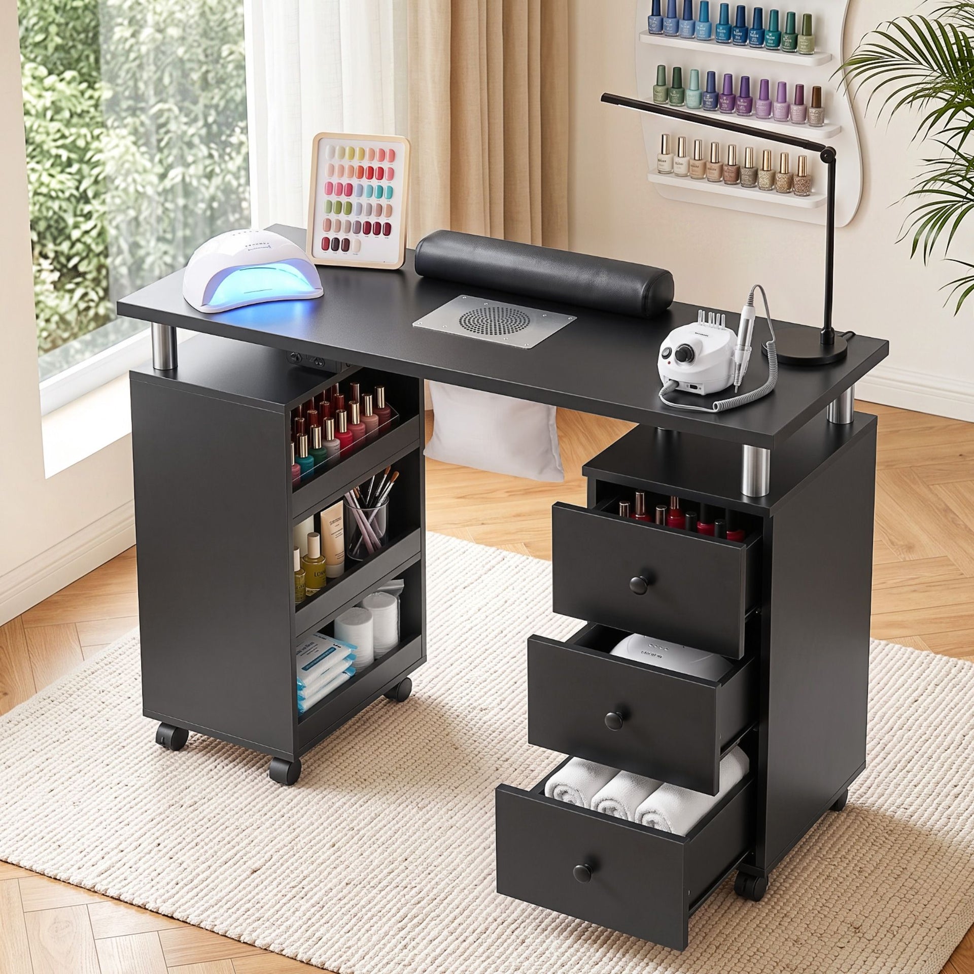 Artiss Manicure Table Nail Desk with Built-in Dust Collector Beauty Salon Station Drawers Shelves Wrist Cushion Wheels Black Artiss