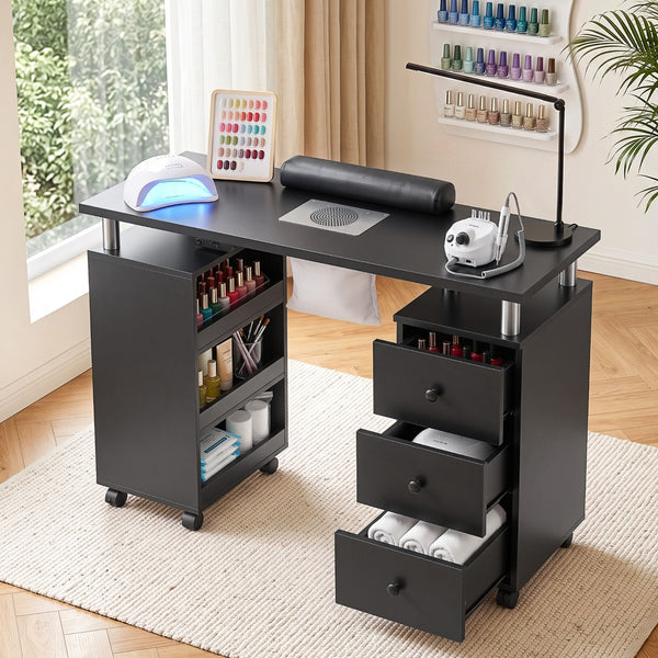 Artiss Manicure Table Nail Desk with Built-in Dust Collector Beauty Salon Station Drawers Shelves Wrist Cushion Wheels Black Artiss