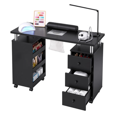 Artiss Manicure Table Nail Desk with Built-in Dust Collector Beauty Salon Station Drawers Shelves Wrist Cushion Wheels Black