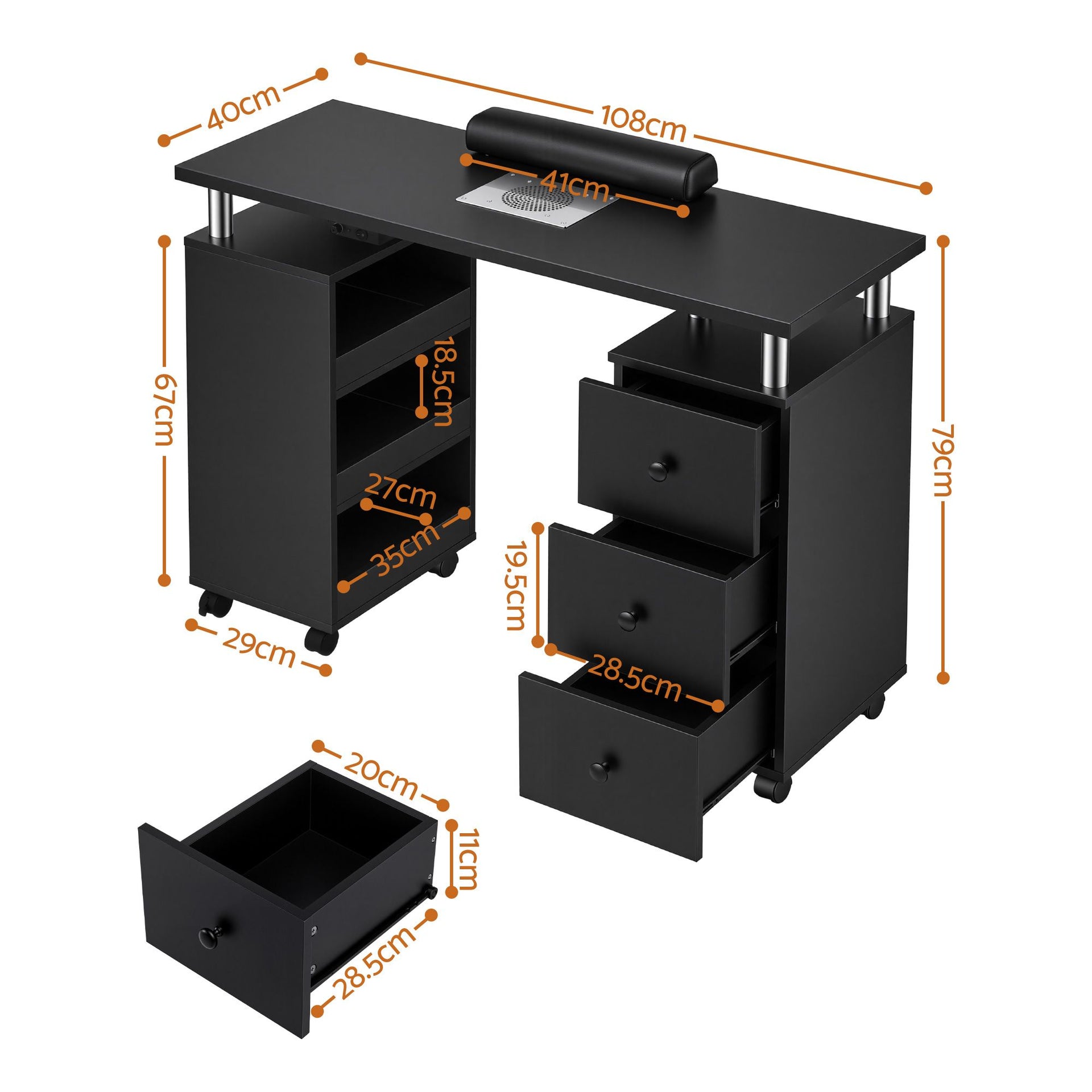 Artiss Manicure Table Nail Desk with Built-in Dust Collector Beauty Salon Station Drawers Shelves Wrist Cushion Wheels Black Artiss
