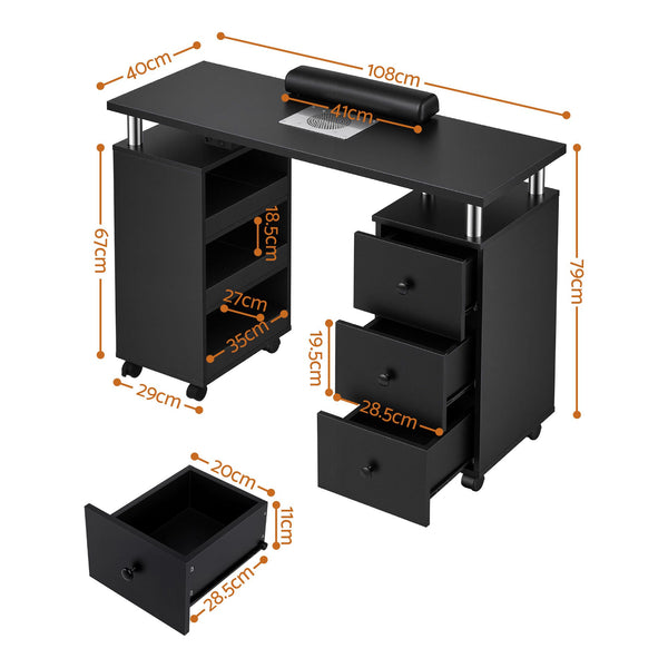 Artiss Manicure Table Nail Desk with Built-in Dust Collector Beauty Salon Station Drawers Shelves Wrist Cushion Wheels Black Artiss