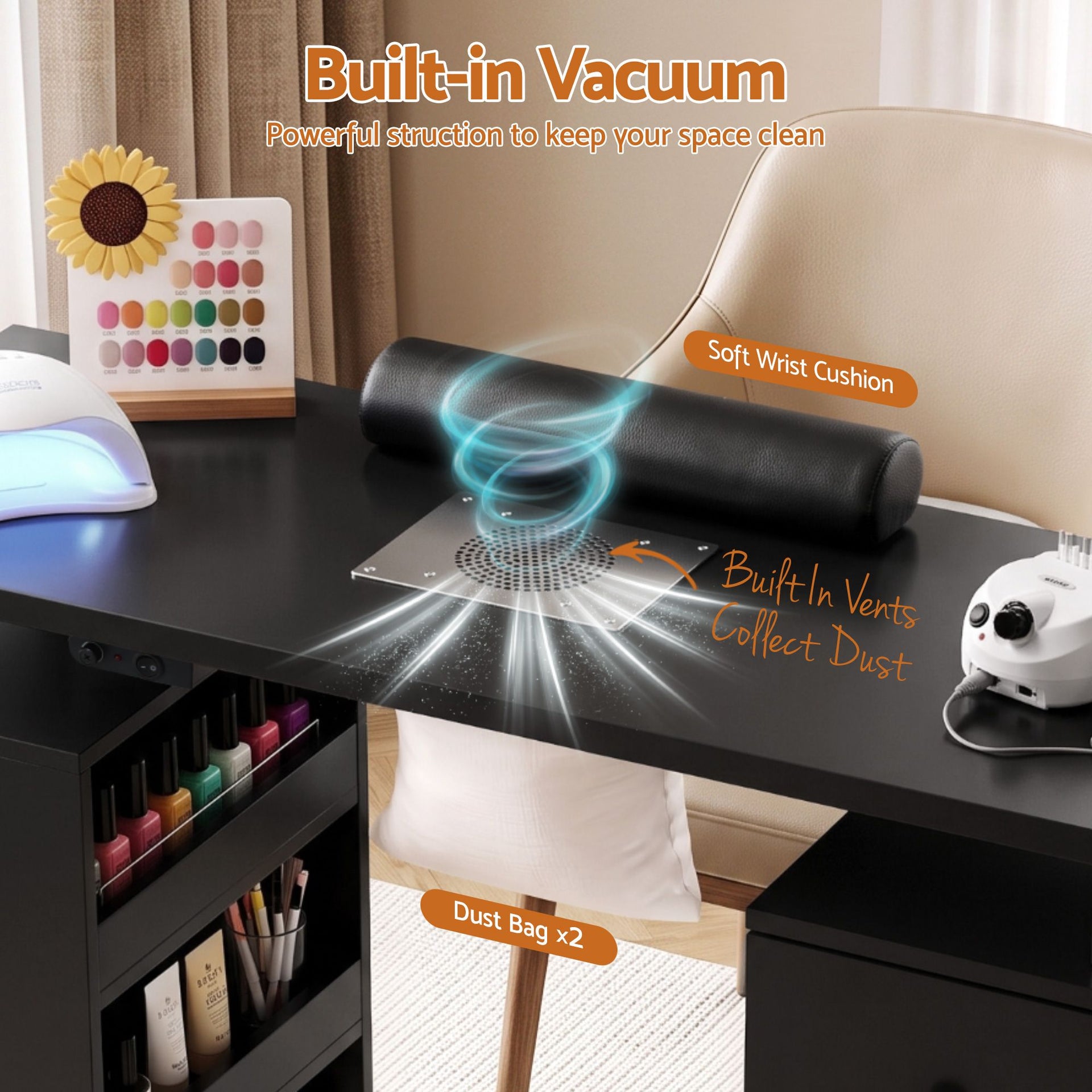 Artiss Manicure Table Nail Desk with Built-in Dust Collector Beauty Salon Station Drawers Shelves Wrist Cushion Wheels Black Artiss