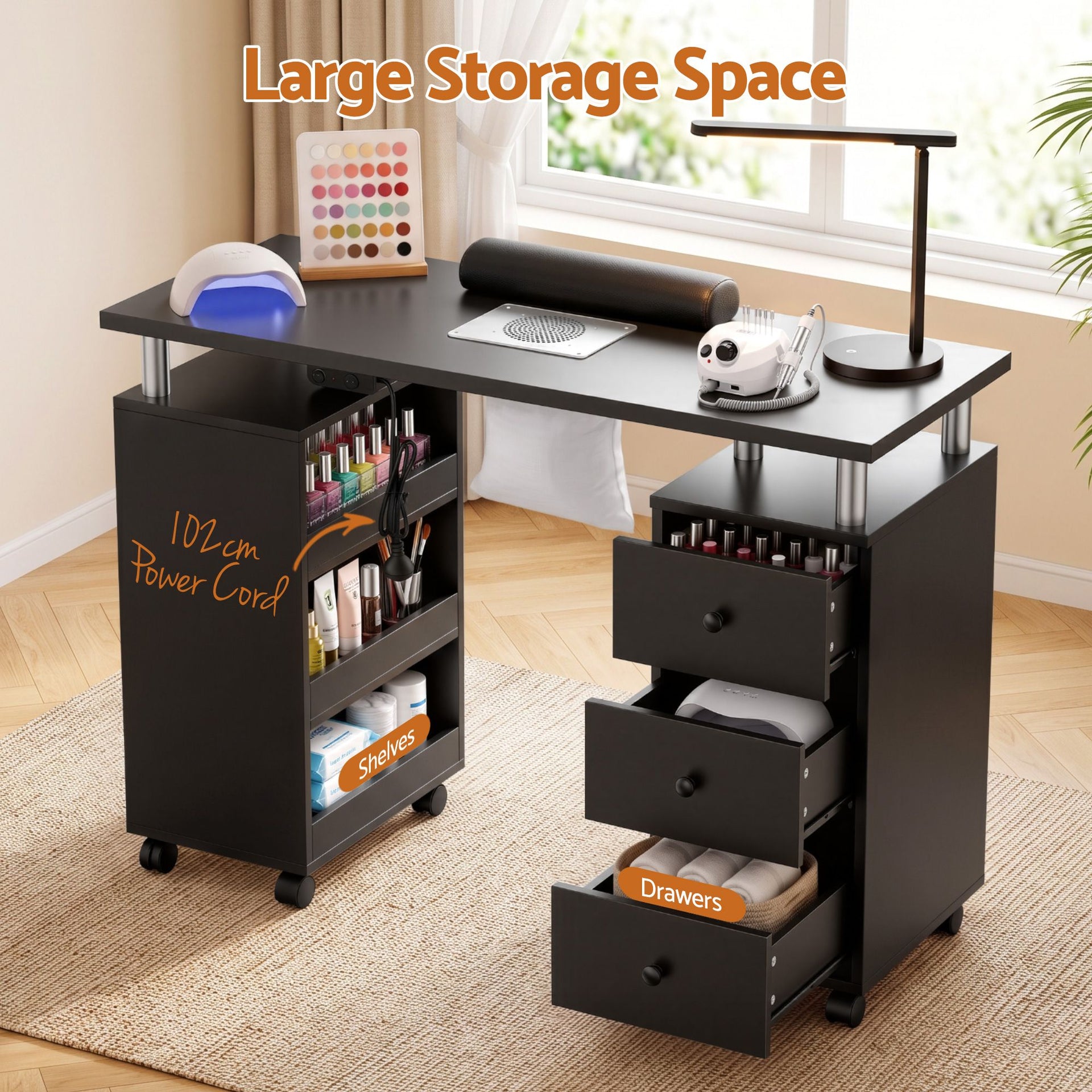 Artiss Manicure Table Nail Desk with Built-in Dust Collector Beauty Salon Station Drawers Shelves Wrist Cushion Wheels Black Artiss