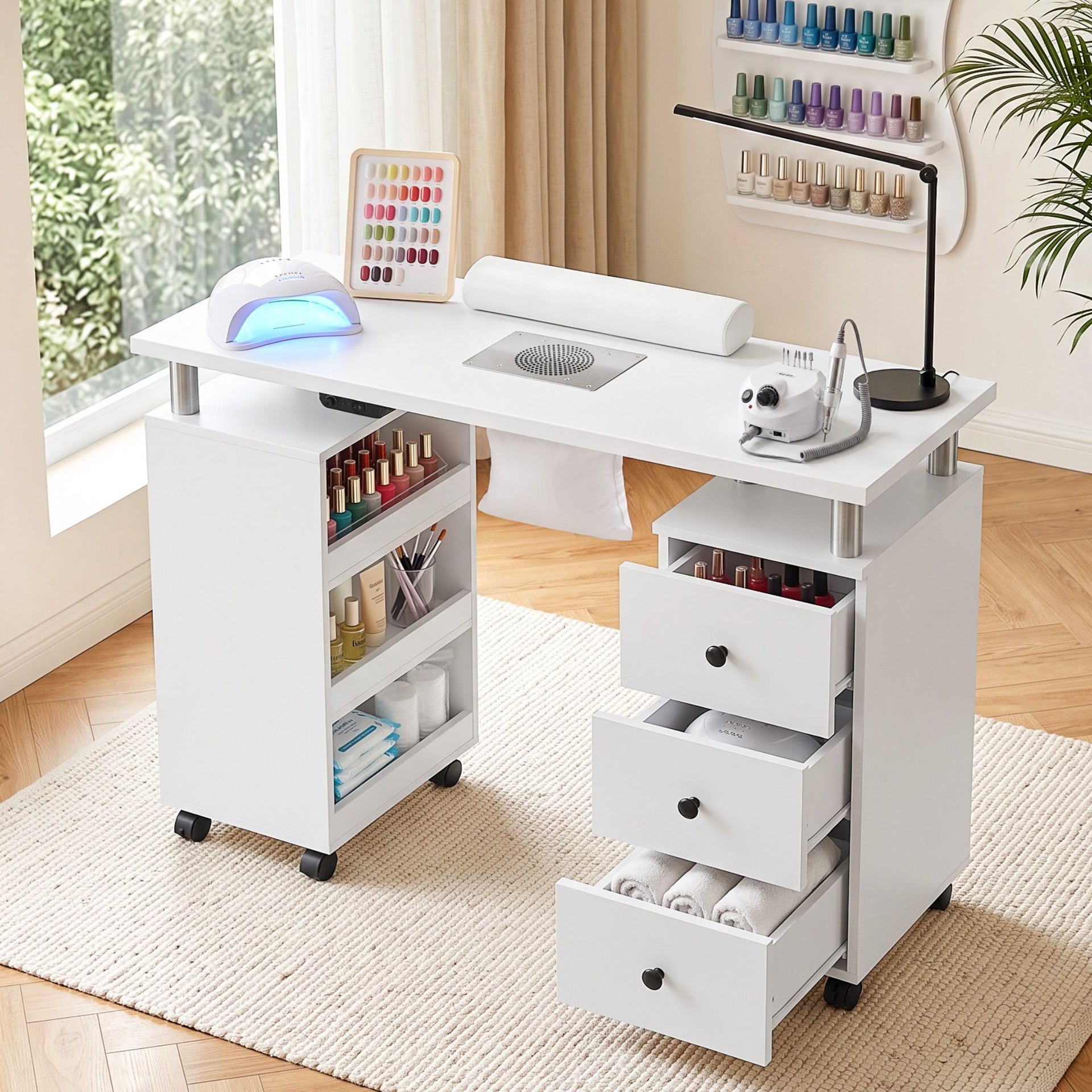 Artiss Manicure Table Nail Desk with Built-in Dust Collector Beauty Salon Station Drawers Shelves Wrist Cushion Wheels White Artiss