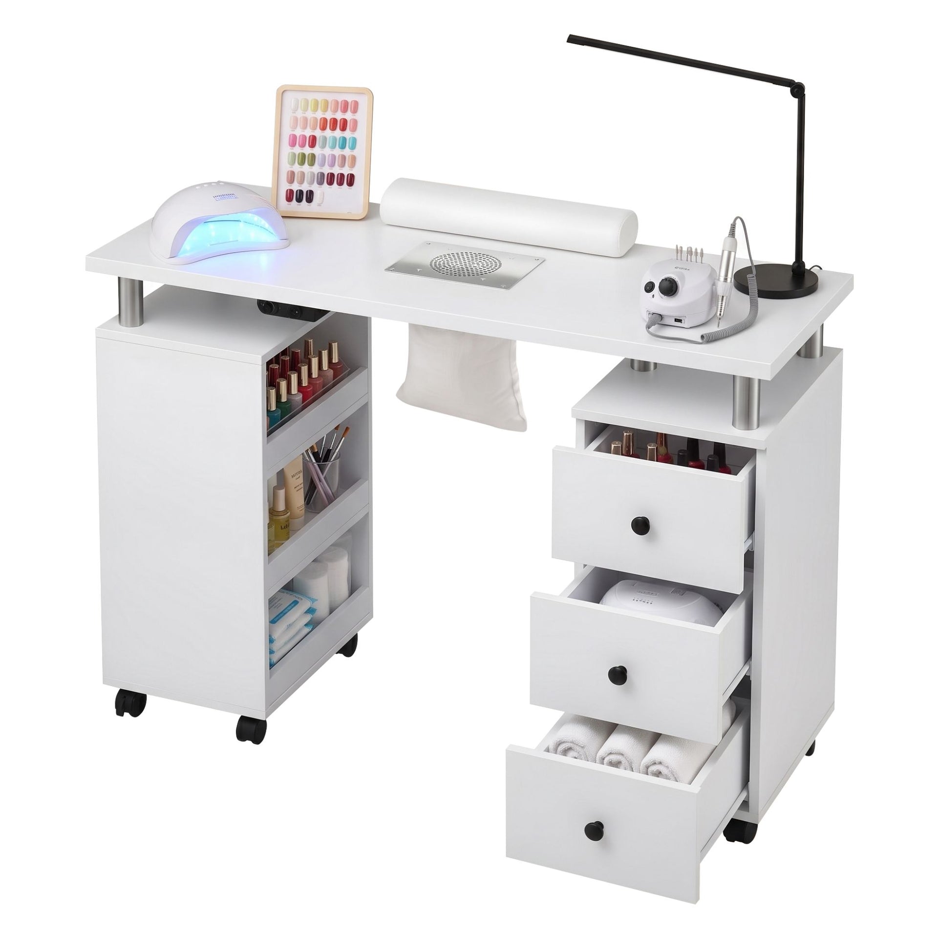 Artiss Manicure Table Nail Desk with Built-in Dust Collector Beauty Salon Station Drawers Shelves Wrist Cushion Wheels White Artiss