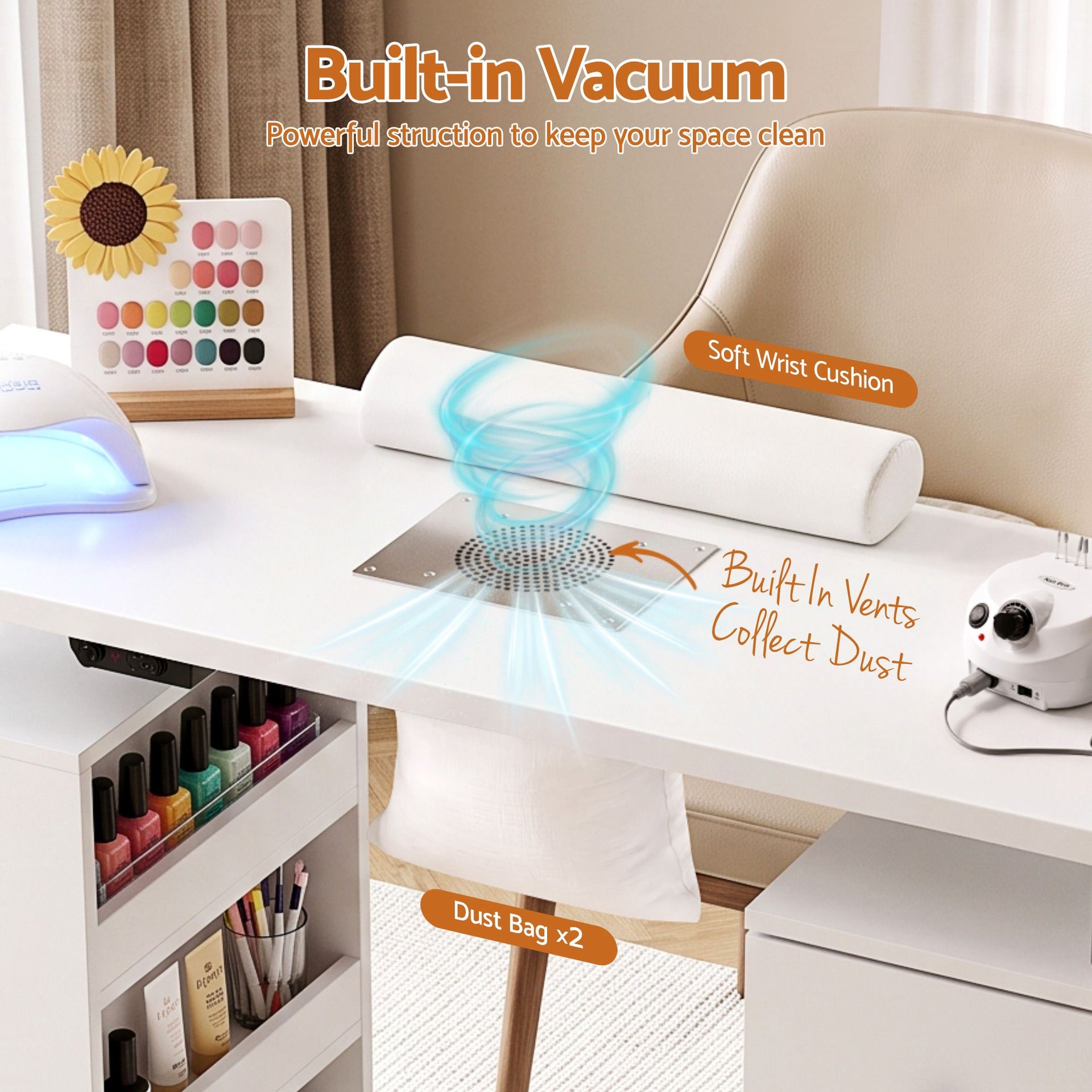Artiss Manicure Table Nail Desk with Built-in Dust Collector Beauty Salon Station Drawers Shelves Wrist Cushion Wheels White Artiss