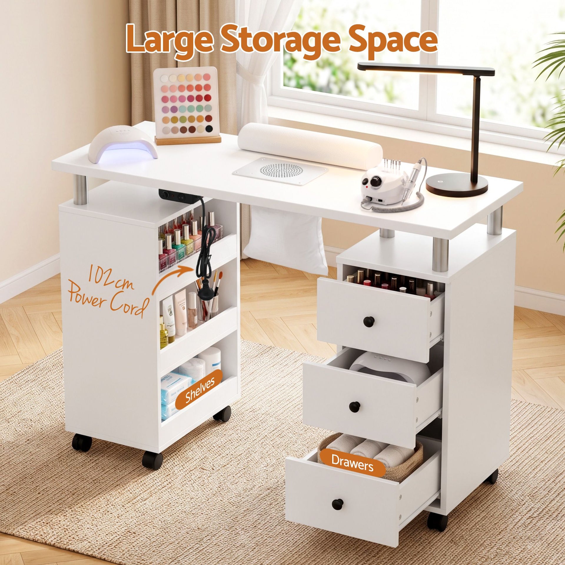 Artiss Manicure Table Nail Desk with Built-in Dust Collector Beauty Salon Station Drawers Shelves Wrist Cushion Wheels White Artiss