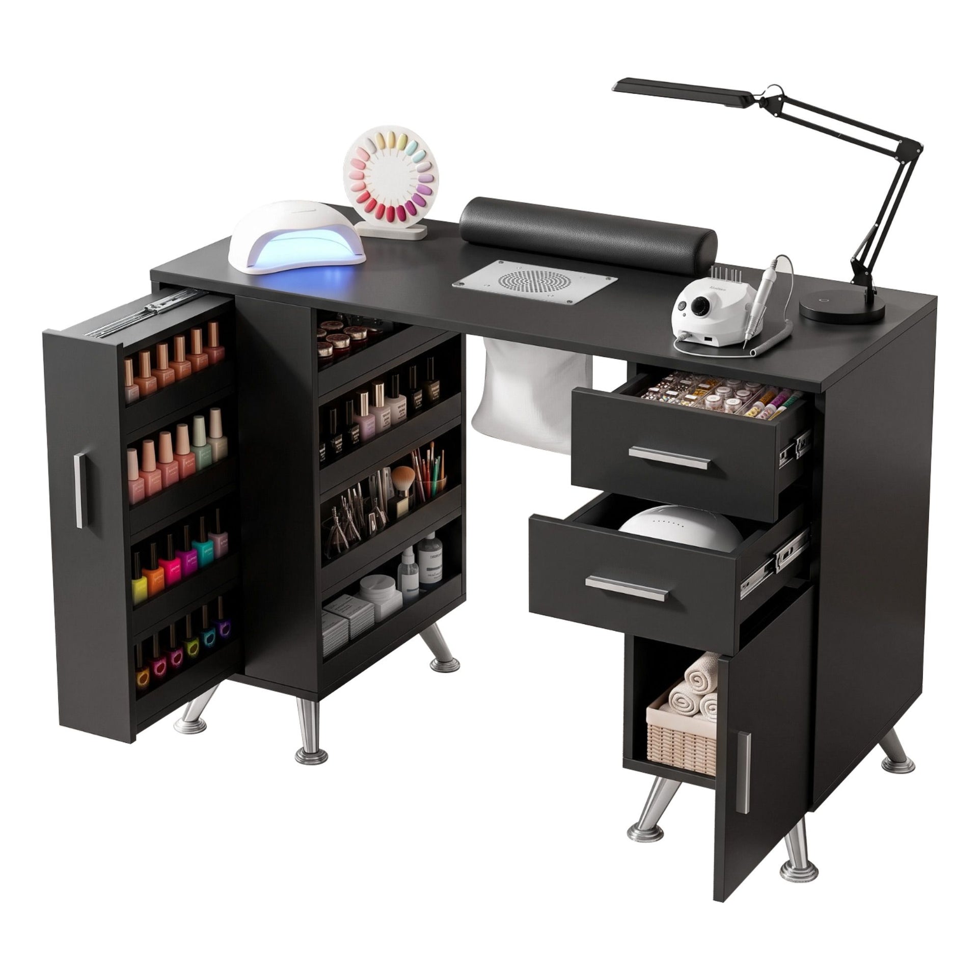 Artiss Manicure Table Nail Desk with Built-in Dust Collector Beauty Salon Station Drawers Shelves Wrist Cushion Black Awezingly
