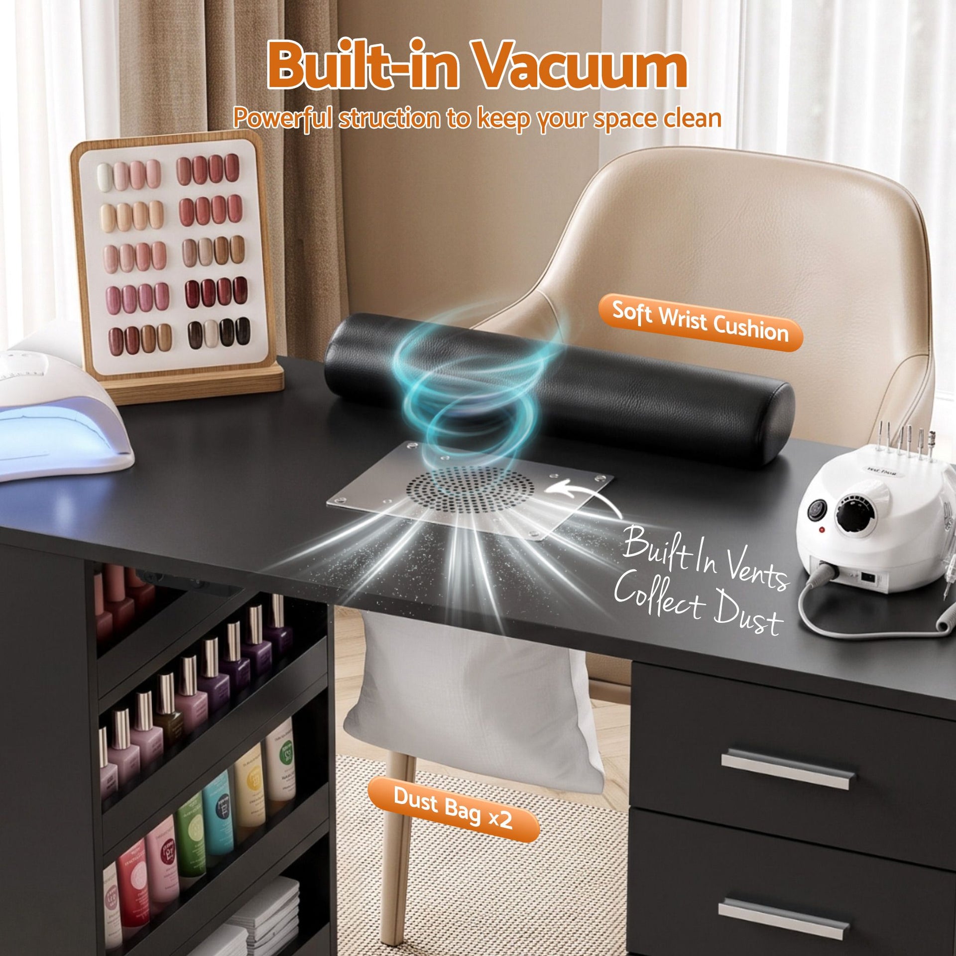 Artiss Manicure Table Nail Desk with Built-in Dust Collector Beauty Salon Station Drawers Shelves Wrist Cushion Black Awezingly