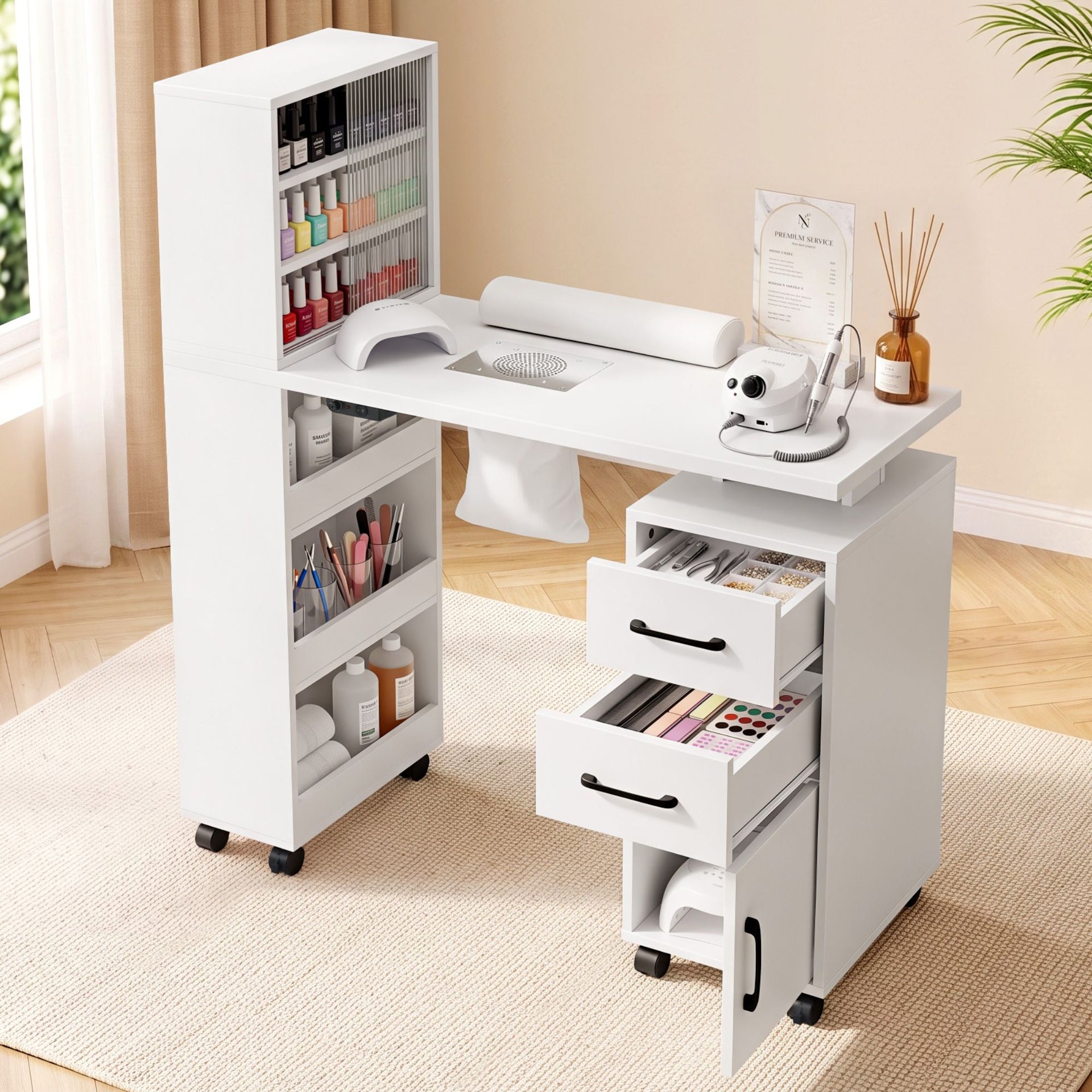 Artiss Manicure Table Nail Desk with Built-in Dust Collector Beauty Salon Station Drawers Shelves Wrist Cushion White Awezingly
