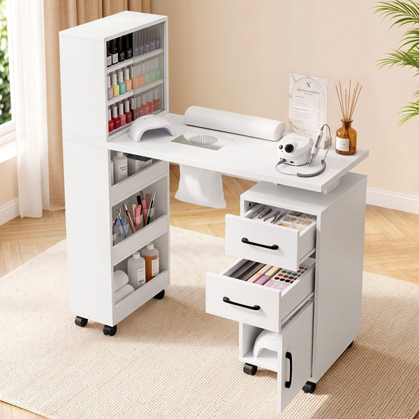 Artiss Manicure Table Nail Desk with Built-in Dust Collector Beauty Salon Station Drawers Shelves Wrist Cushion White Awezingly