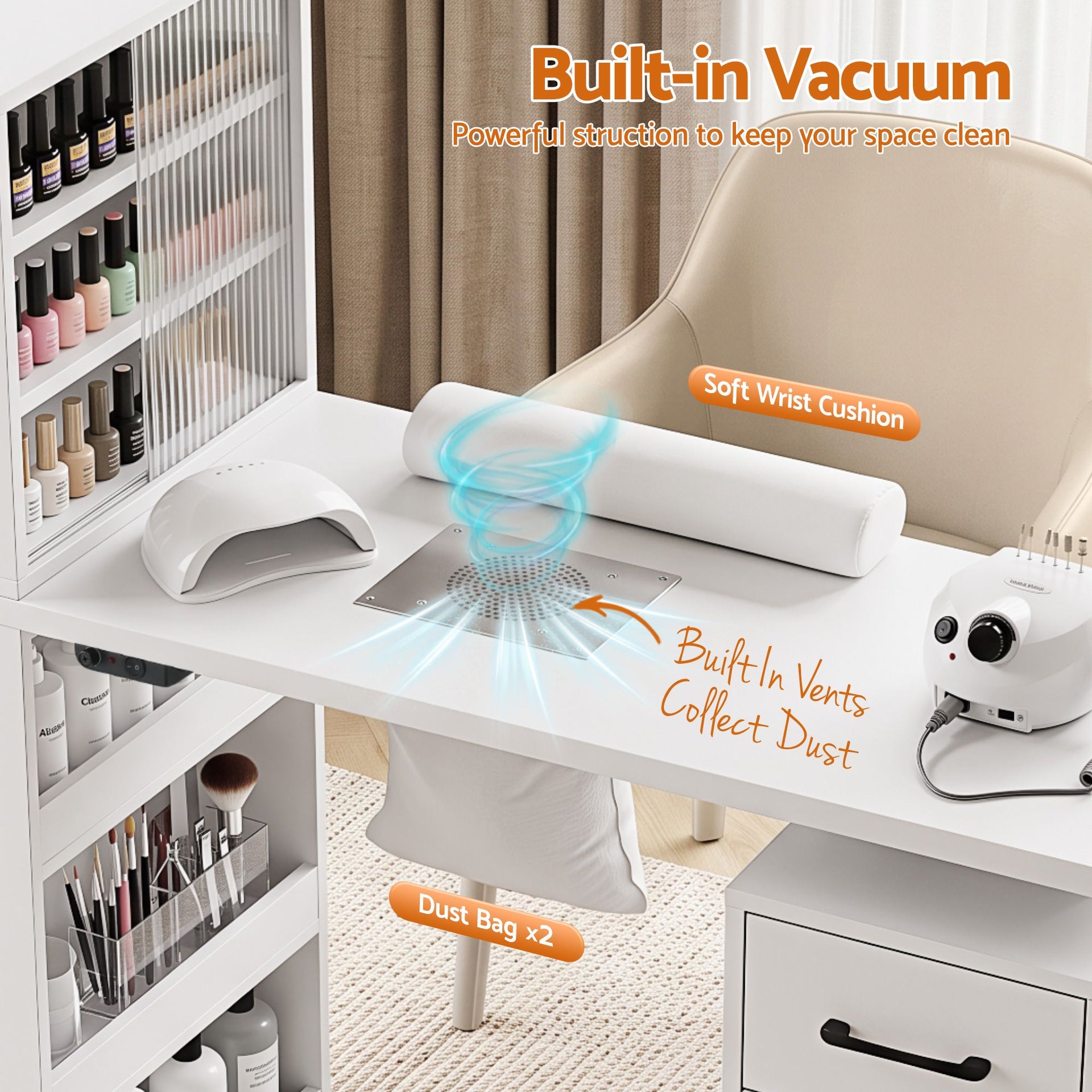 Artiss Manicure Table Nail Desk with Built-in Dust Collector Beauty Salon Station Drawers Shelves Wrist Cushion White Awezingly