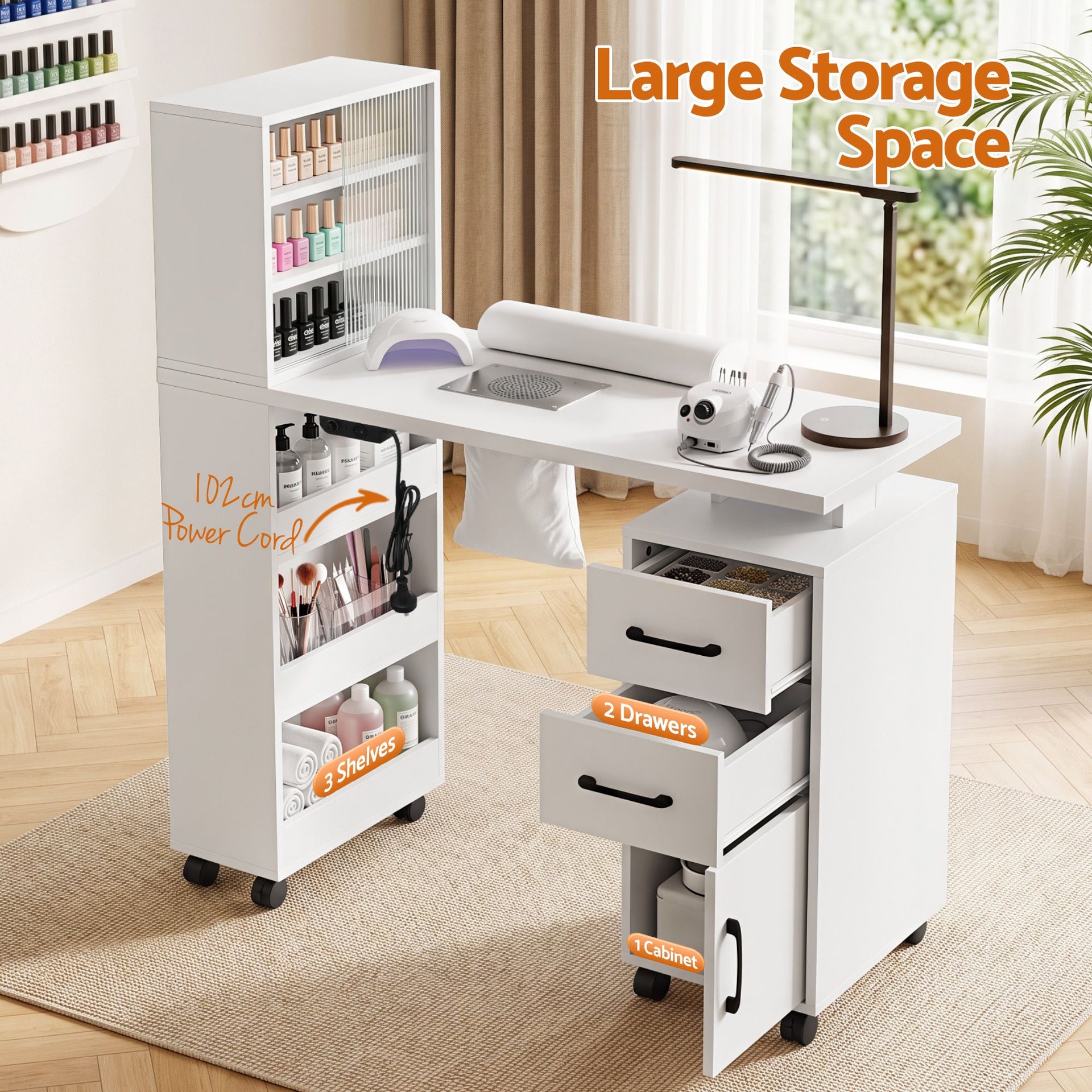 Artiss Manicure Table Nail Desk with Built-in Dust Collector Beauty Salon Station Drawers Shelves Wrist Cushion White Awezingly