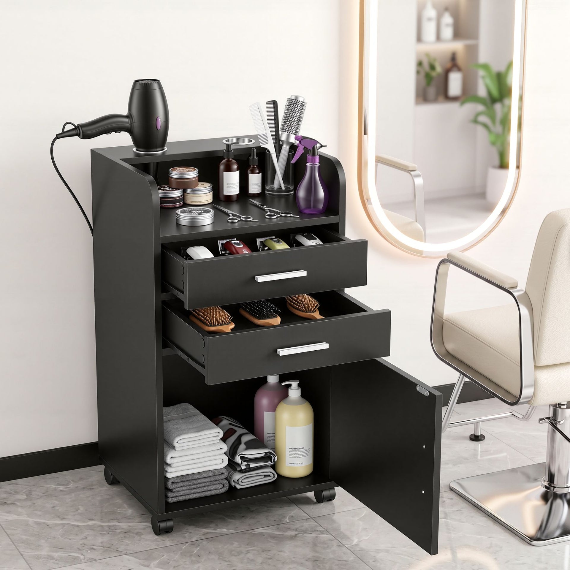Artiss Professional Salon Station Rolling Cart, Hair Styling Beauty Cabinet with 2 Drawers & 2 Appliance Holders, Wood Barber Spa Trolley with 360° Wheels for Skincare & Vanity, Black Awezingly