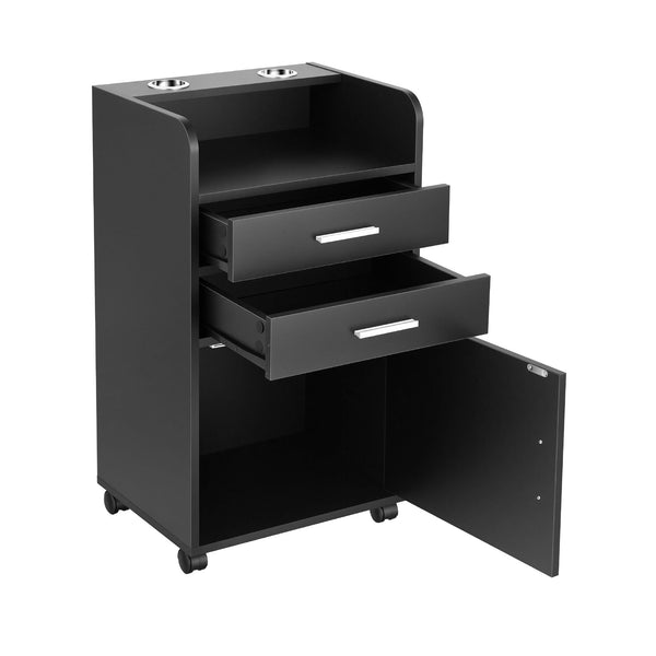Artiss Professional Salon Station Rolling Cart, Hair Styling Beauty Cabinet with 2 Drawers & 2 Appliance Holders, Wood Barber Spa Trolley with 360° Wheels for Skincare & Vanity, Black Awezingly