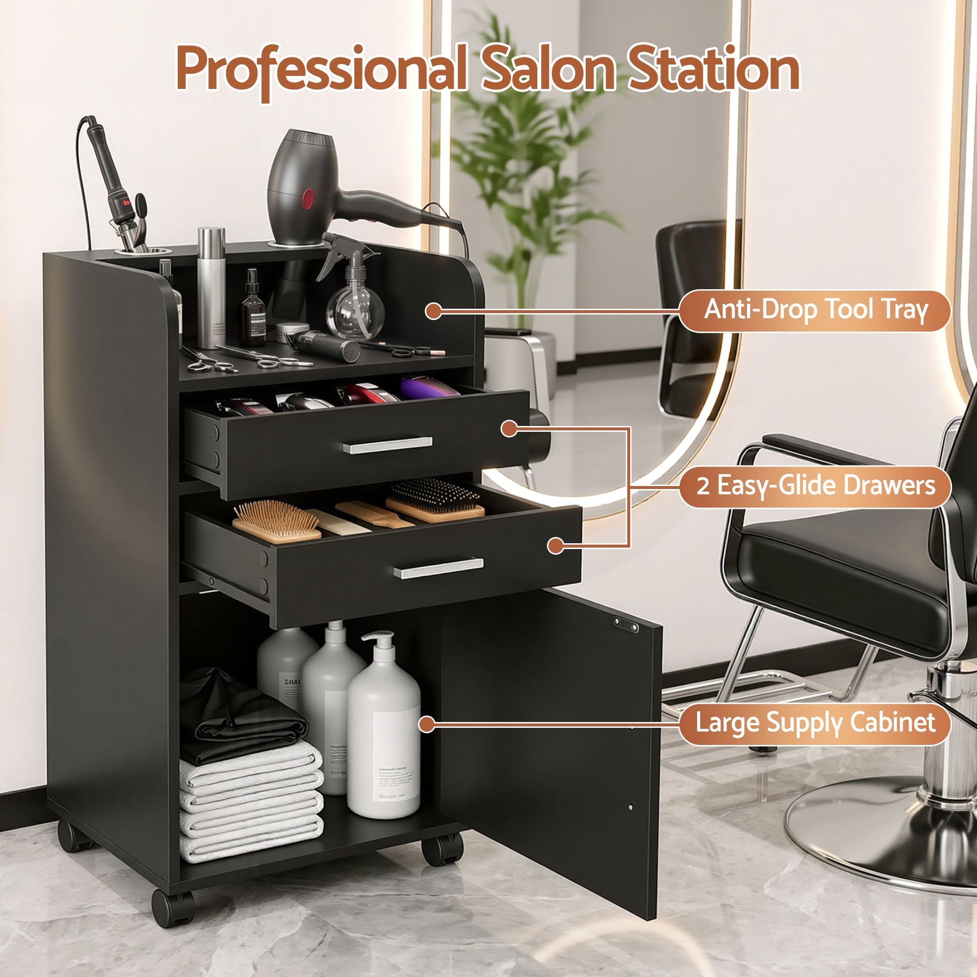 Artiss Professional Salon Station Rolling Cart, Hair Styling Beauty Cabinet with 2 Drawers & 2 Appliance Holders, Wood Barber Spa Trolley with 360° Wheels for Skincare & Vanity, Black Awezingly