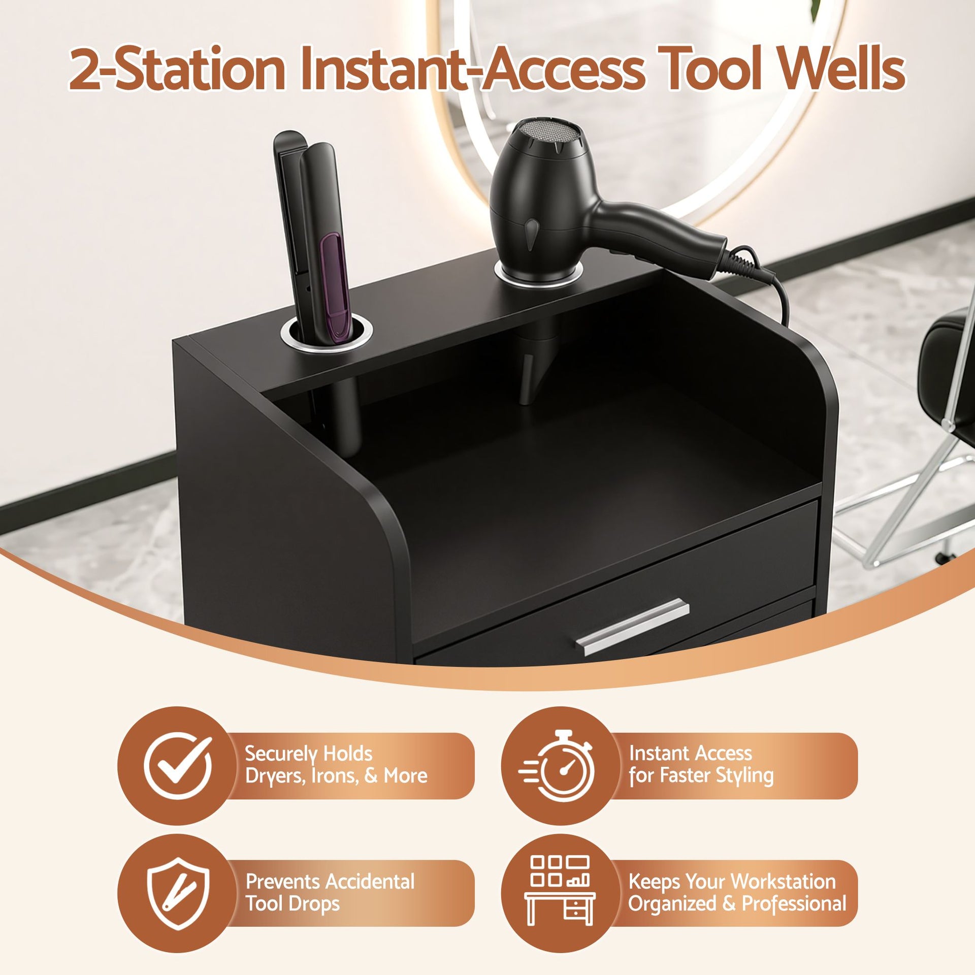 Artiss Professional Salon Station Rolling Cart, Hair Styling Beauty Cabinet with 2 Drawers & 2 Appliance Holders, Wood Barber Spa Trolley with 360° Wheels for Skincare & Vanity, Black Awezingly
