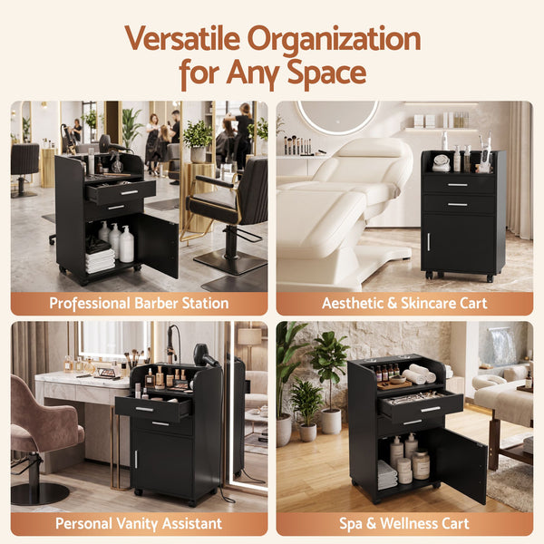 Artiss Professional Salon Station Rolling Cart, Hair Styling Beauty Cabinet with 2 Drawers & 2 Appliance Holders, Wood Barber Spa Trolley with 360° Wheels for Skincare & Vanity, Black Awezingly