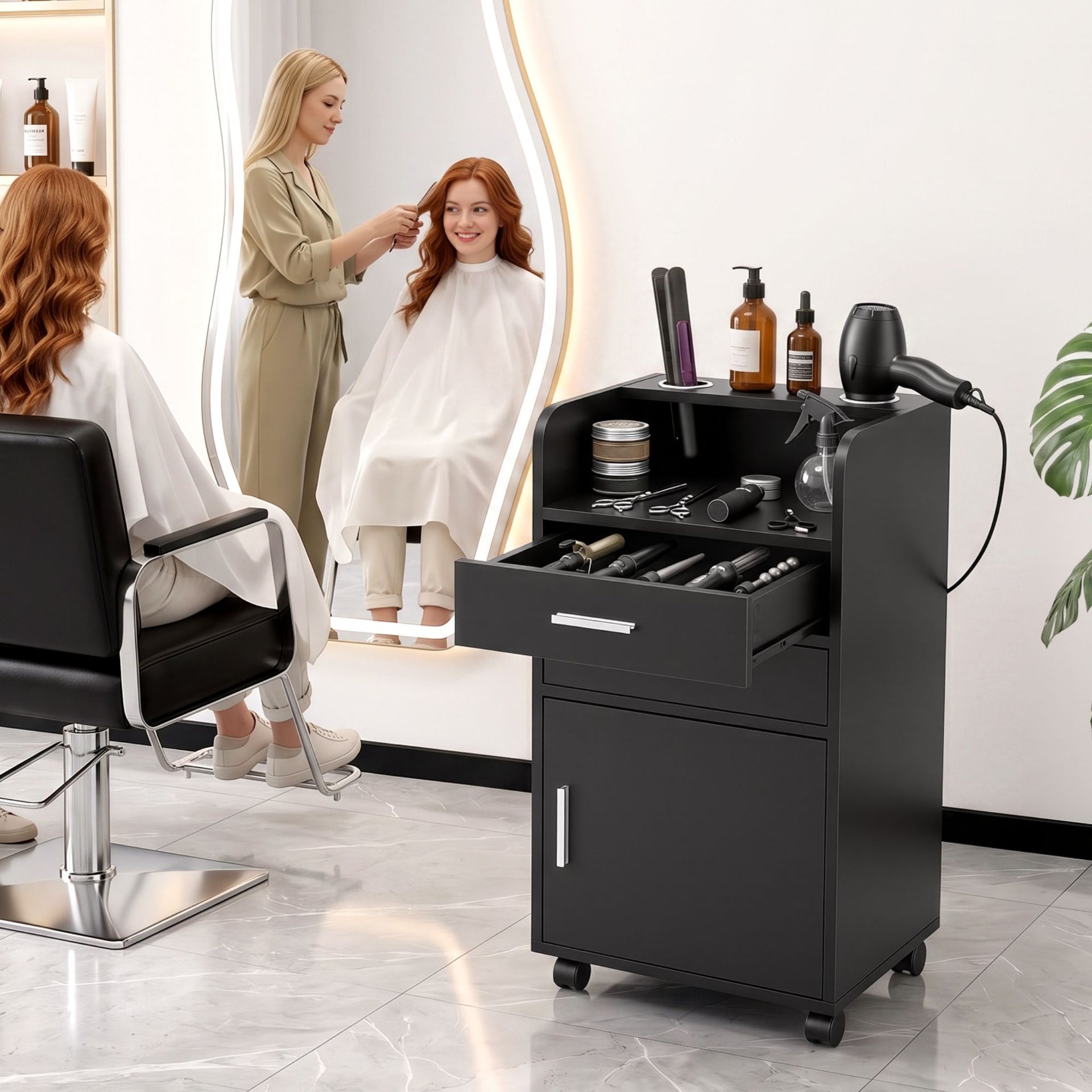 Artiss Professional Salon Station Rolling Cart, Hair Styling Beauty Cabinet with 2 Drawers & 2 Appliance Holders, Wood Barber Spa Trolley with 360° Wheels for Skincare & Vanity, Black Awezingly