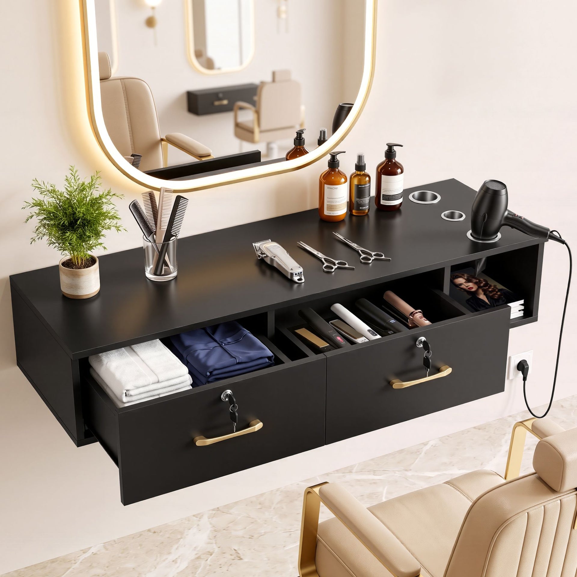 Artiss Wall Mounted Salon Station Cabinet, Hair Styling Station with 2 Lockable Drawers & 3 Appliance Holders, Wooden Barber Spa Equipment for Vanity, Black Awezingly