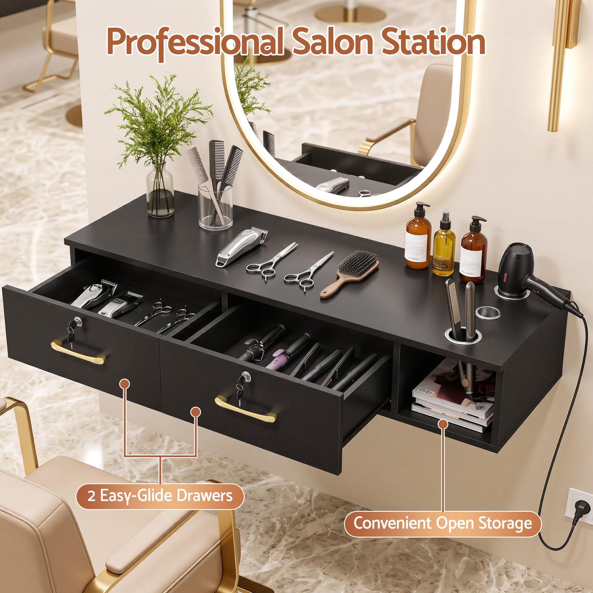 Artiss Wall Mounted Salon Station Cabinet, Hair Styling Station with 2 Lockable Drawers & 3 Appliance Holders, Wooden Barber Spa Equipment for Vanity, Black Awezingly