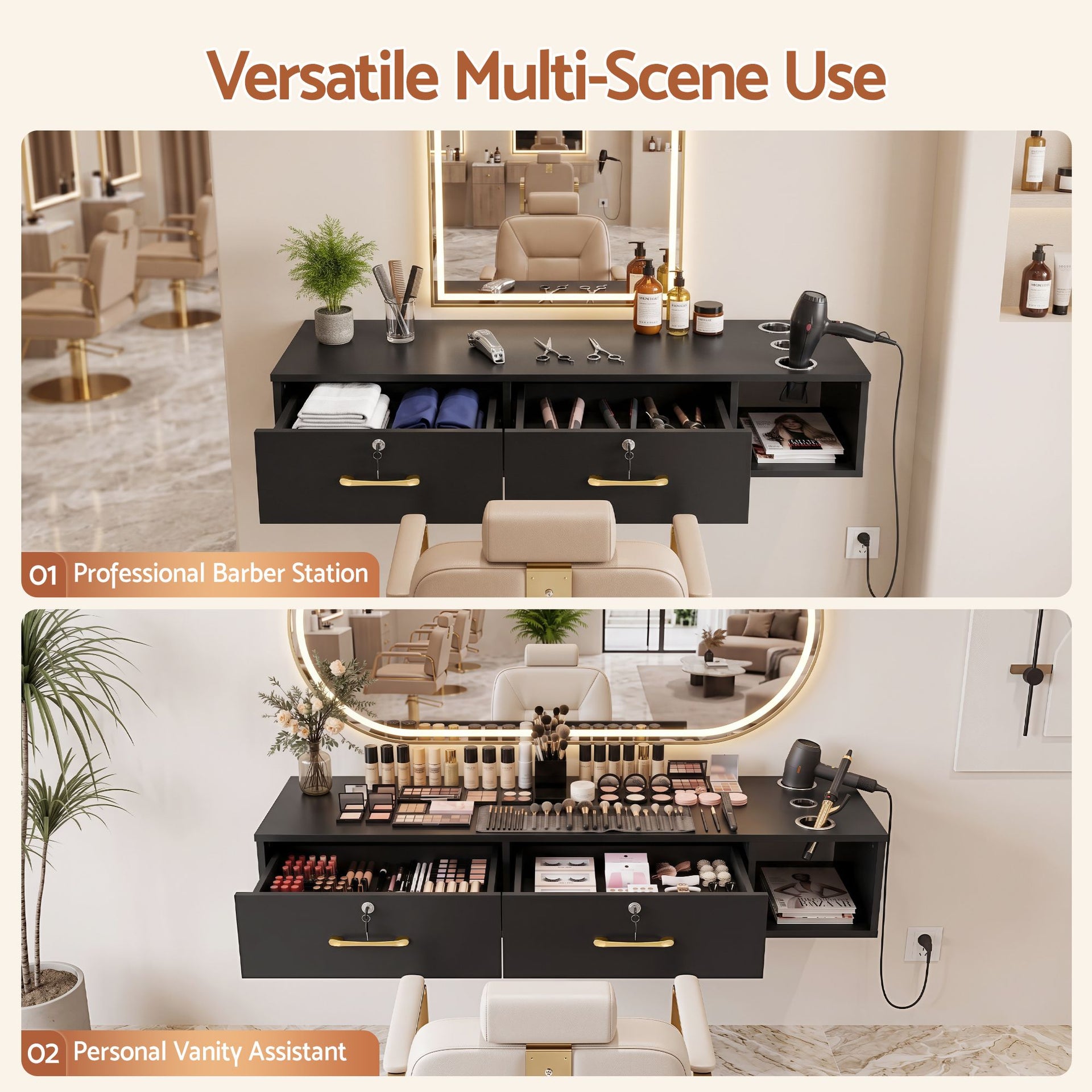 Artiss Wall Mounted Salon Station Cabinet, Hair Styling Station with 2 Lockable Drawers & 3 Appliance Holders, Wooden Barber Spa Equipment for Vanity, Black Awezingly