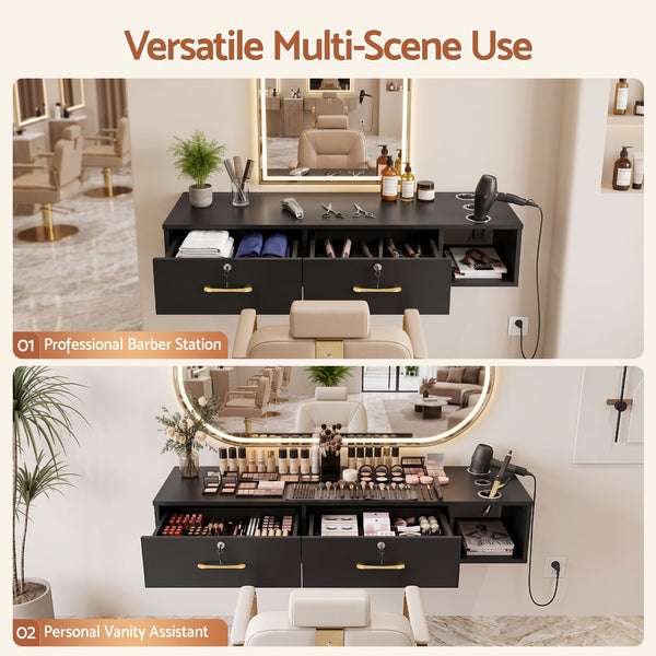 Artiss Wall Mounted Salon Station Cabinet, Hair Styling Station with 2 Lockable Drawers & 3 Appliance Holders, Wooden Barber Spa Equipment for Vanity, Black Awezingly