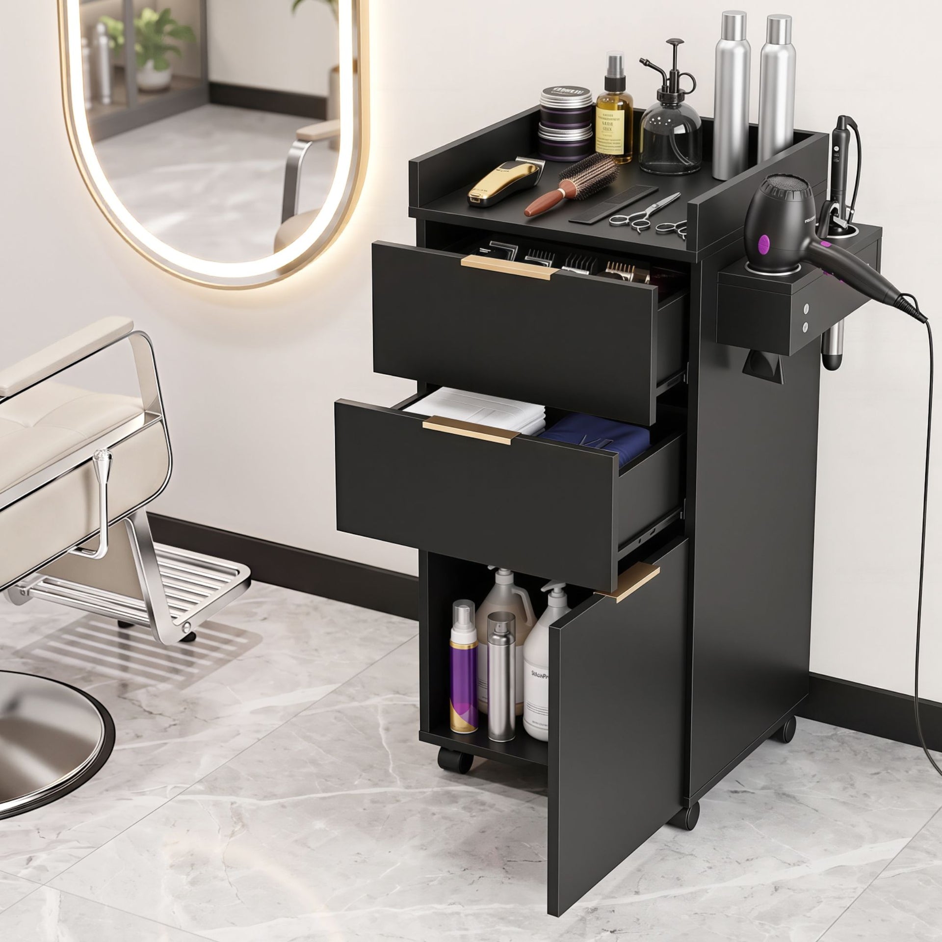 Artiss Professional Salon Station Rolling Cart, Hair Styling Beauty Cabinet with 2 Drawers, Large Supply Cabinet & 3 Appliance Holders, Wood Barber Spa Trolley with 360° Wheels for Skincare & Vanity, Black Awezingly