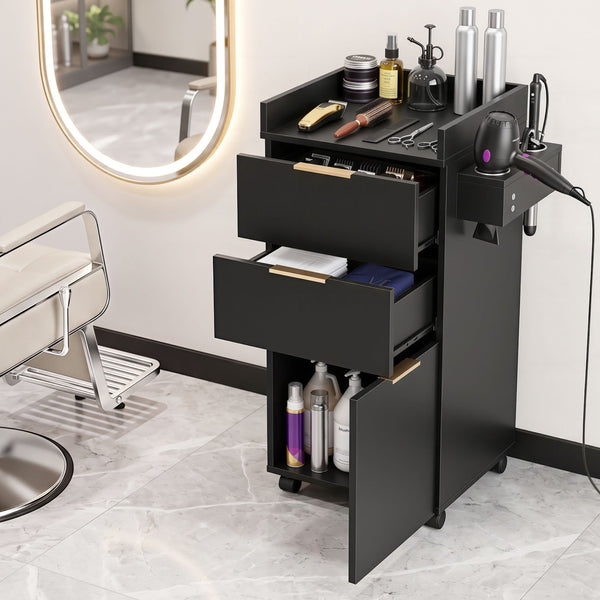 Artiss Professional Salon Station Rolling Cart, Hair Styling Beauty Cabinet with 2 Drawers, Large Supply Cabinet & 3 Appliance Holders, Wood Barber Spa Trolley with 360° Wheels for Skincare & Vanity, Black Awezingly