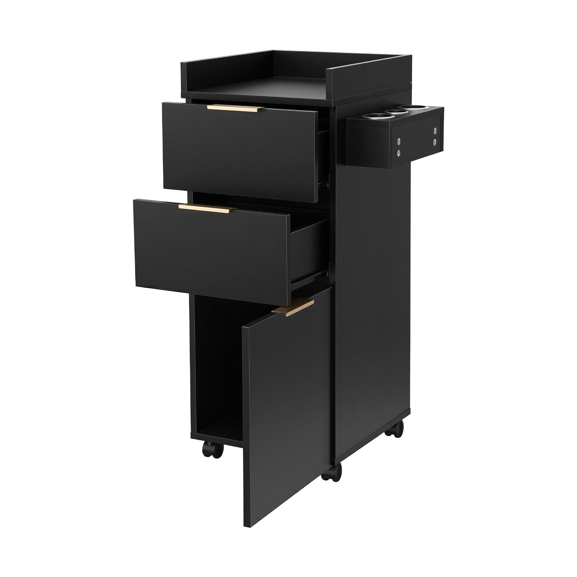 Artiss Professional Salon Station Rolling Cart, Hair Styling Beauty Cabinet with 2 Drawers, Large Supply Cabinet & 3 Appliance Holders, Wood Barber Spa Trolley with 360° Wheels for Skincare & Vanity, Black Awezingly