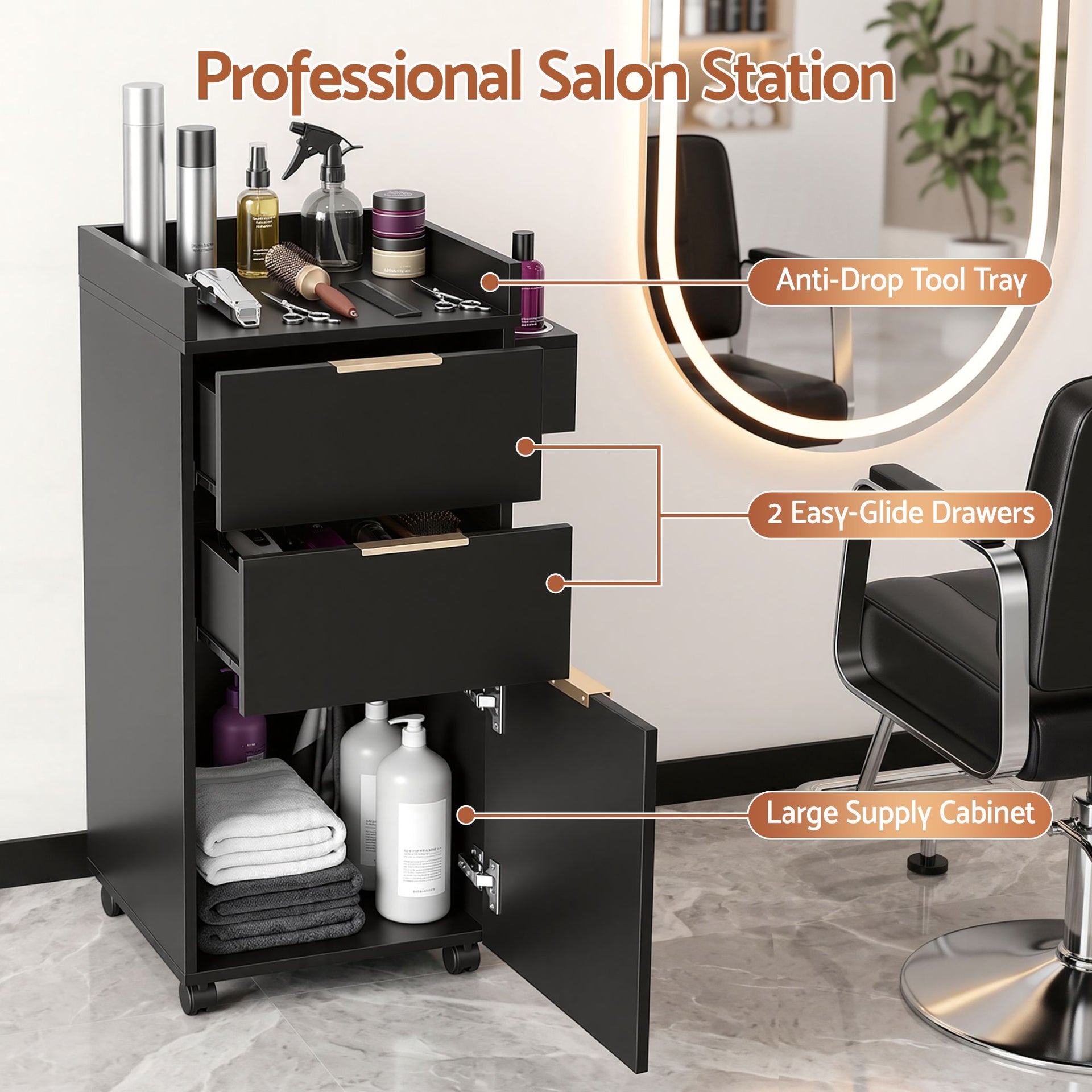 Artiss Professional Salon Station Rolling Cart, Hair Styling Beauty Cabinet with 2 Drawers, Large Supply Cabinet & 3 Appliance Holders, Wood Barber Spa Trolley with 360° Wheels for Skincare & Vanity, Black Awezingly