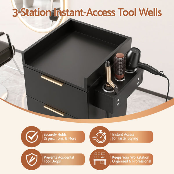 Artiss Professional Salon Station Rolling Cart, Hair Styling Beauty Cabinet with 2 Drawers, Large Supply Cabinet & 3 Appliance Holders, Wood Barber Spa Trolley with 360° Wheels for Skincare & Vanity, Black Awezingly