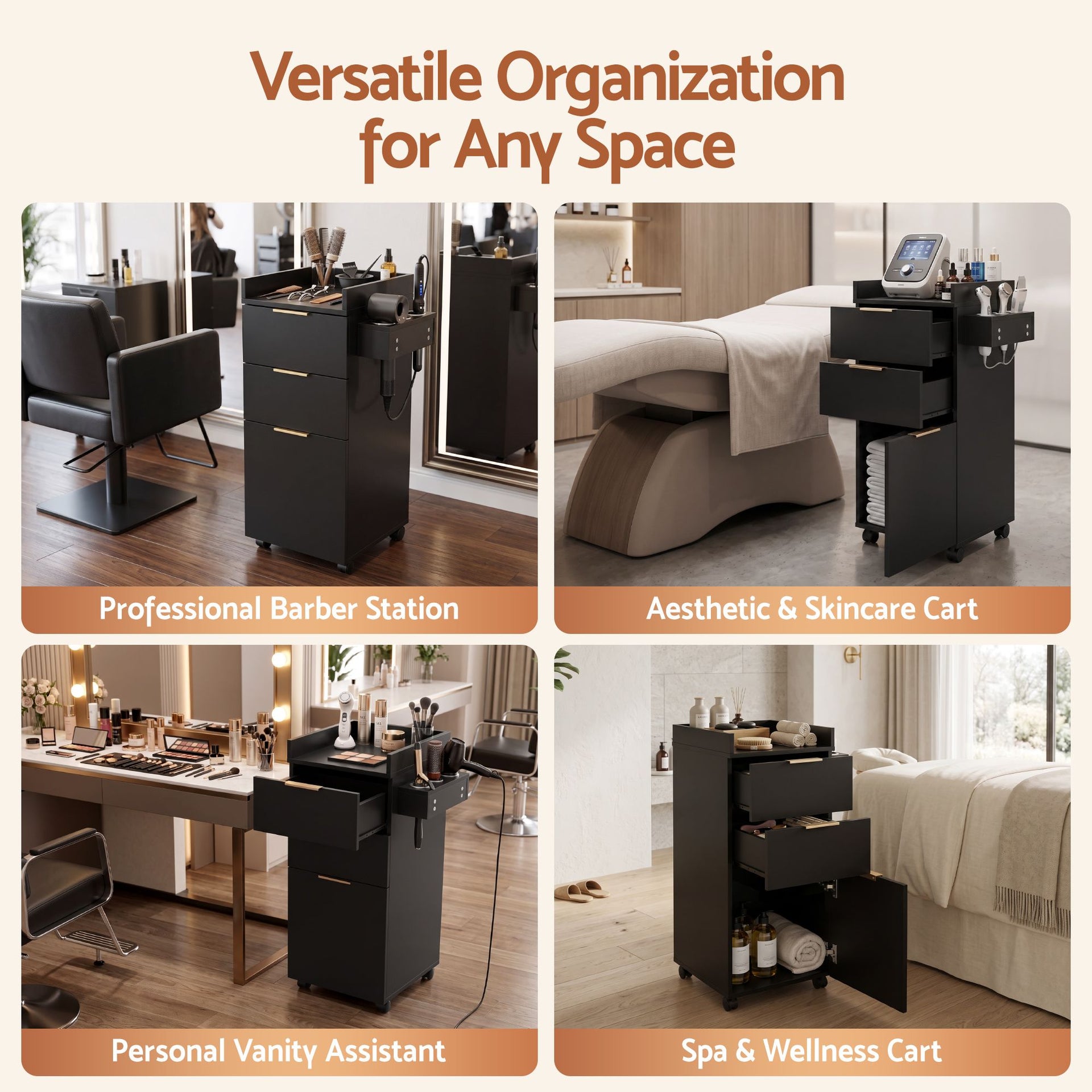 Artiss Professional Salon Station Rolling Cart, Hair Styling Beauty Cabinet with 2 Drawers, Large Supply Cabinet & 3 Appliance Holders, Wood Barber Spa Trolley with 360° Wheels for Skincare & Vanity, Black Awezingly