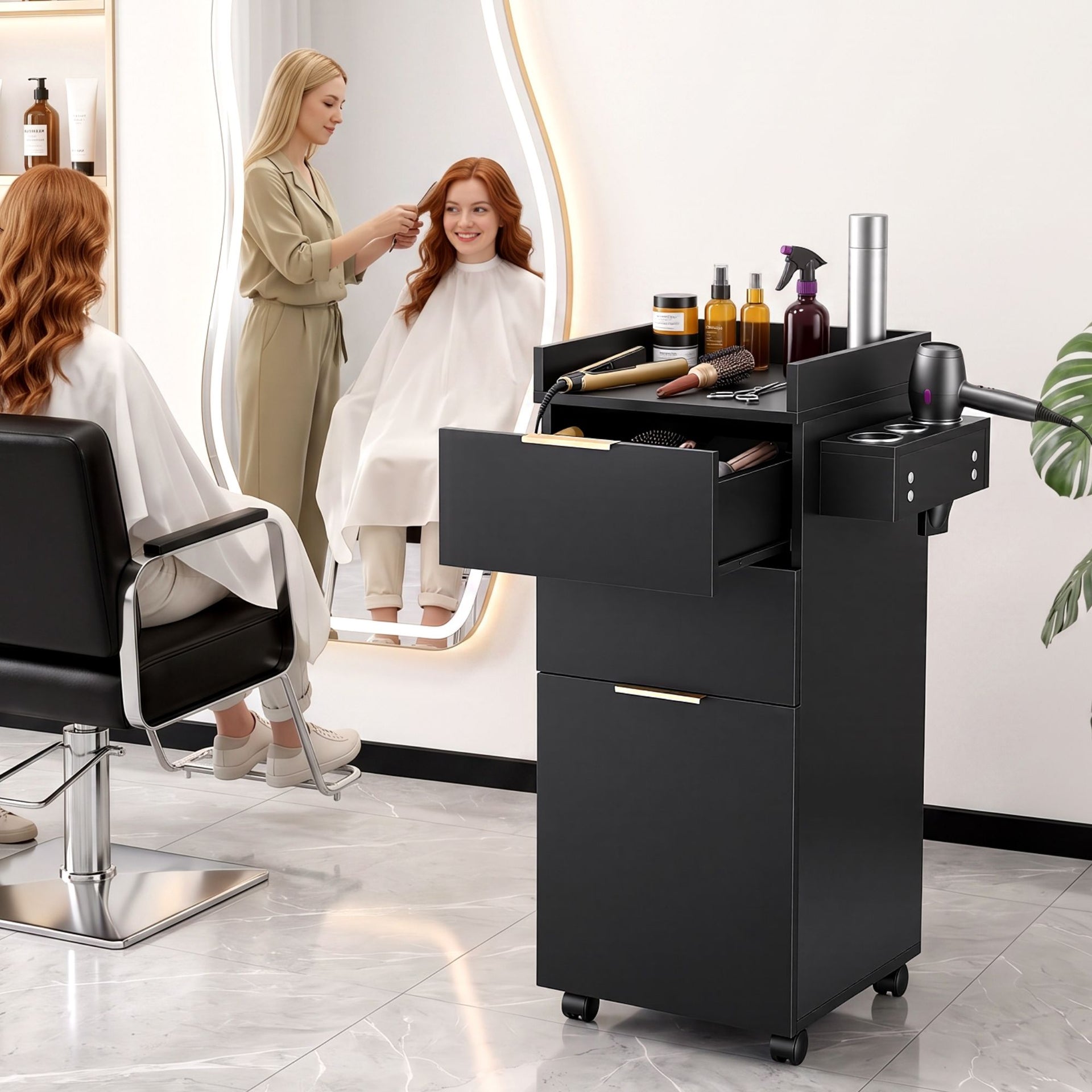 Artiss Professional Salon Station Rolling Cart, Hair Styling Beauty Cabinet with 2 Drawers, Large Supply Cabinet & 3 Appliance Holders, Wood Barber Spa Trolley with 360° Wheels for Skincare & Vanity, Black Awezingly