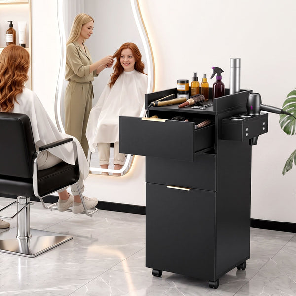 Artiss Professional Salon Station Rolling Cart, Hair Styling Beauty Cabinet with 2 Drawers, Large Supply Cabinet & 3 Appliance Holders, Wood Barber Spa Trolley with 360° Wheels for Skincare & Vanity, Black Awezingly