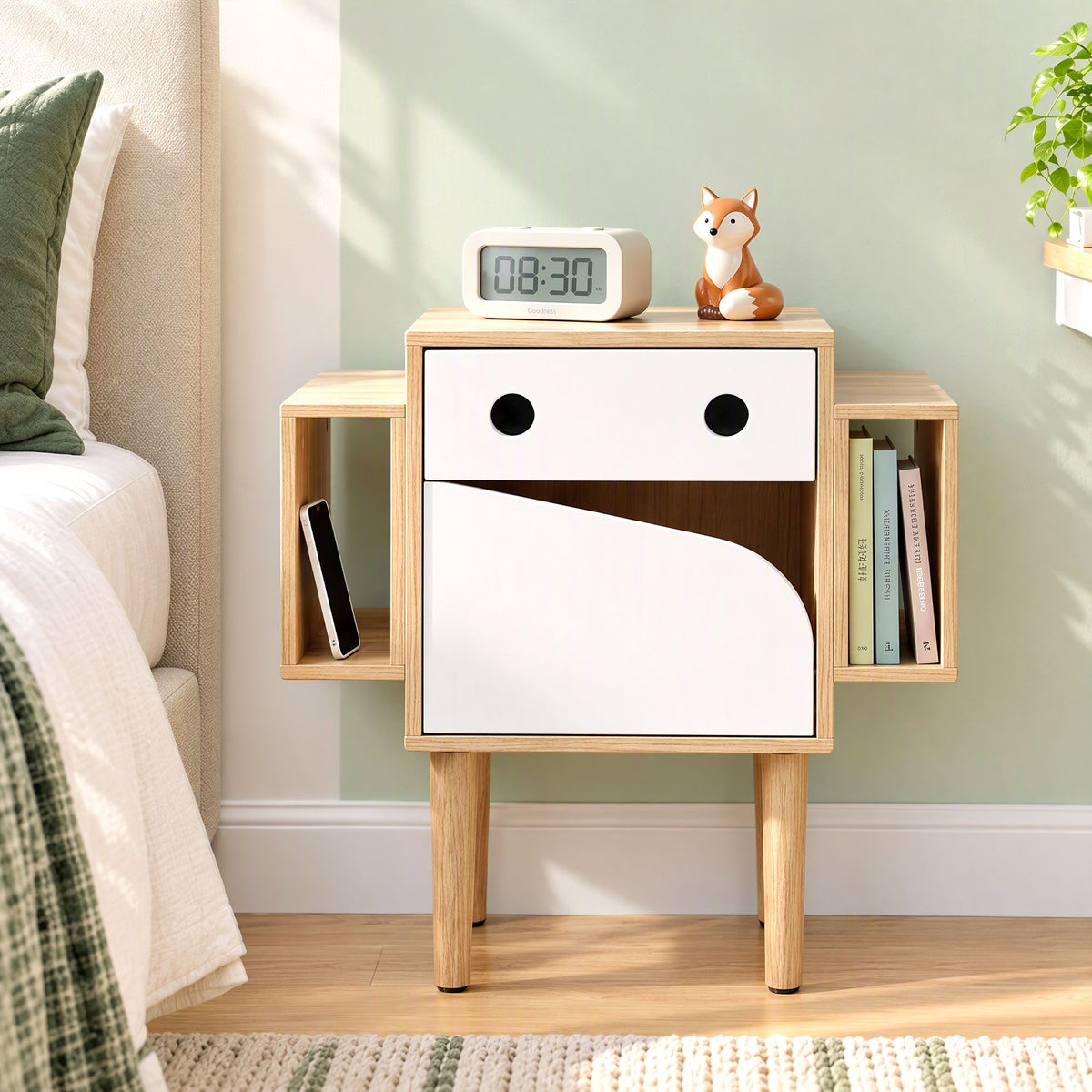 Artiss Bedside Table with Drawer Robot Design for Kids' Room Bedroom Pine Awezingly