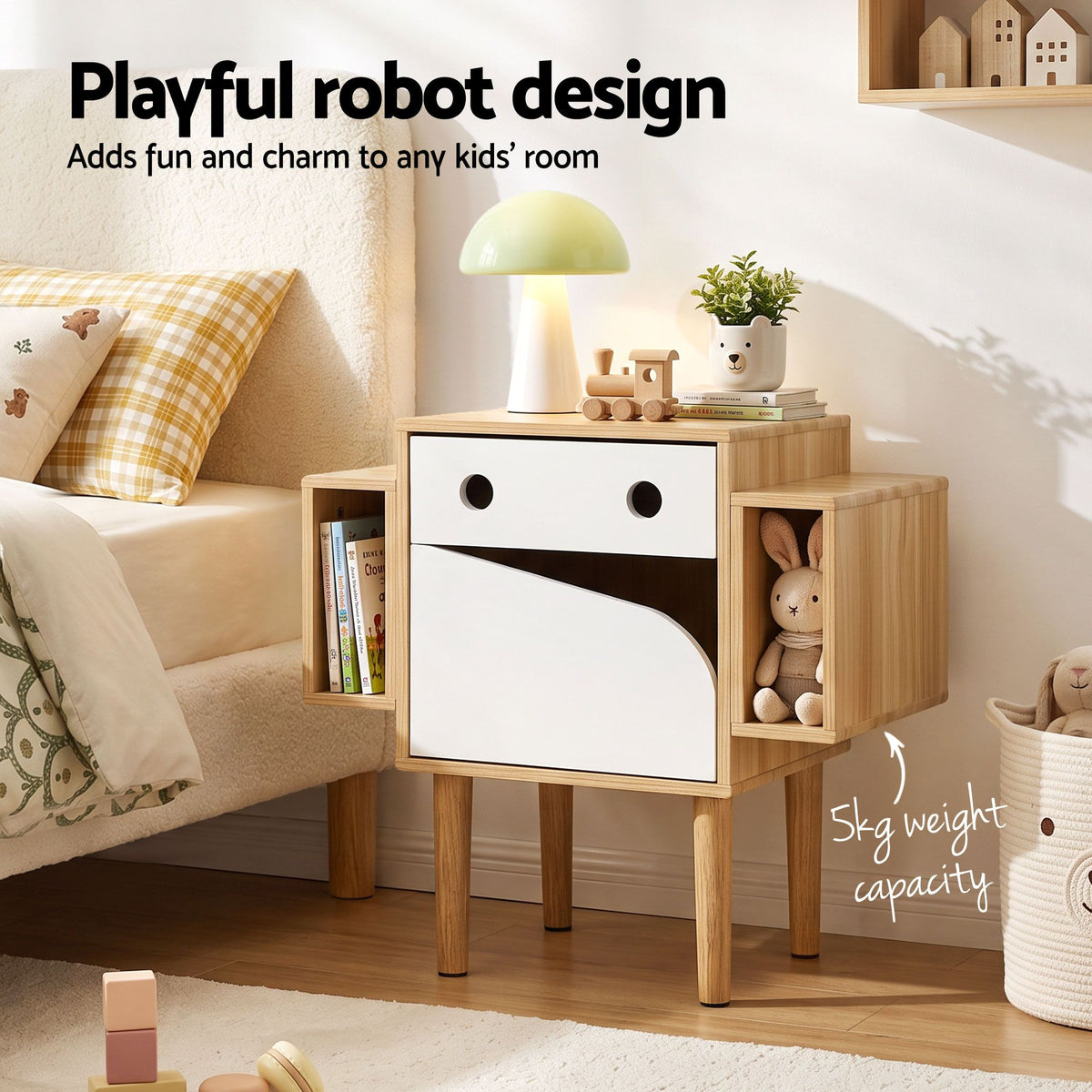 Artiss Bedside Table with Drawer Robot Design for Kids' Room Bedroom Pine Awezingly