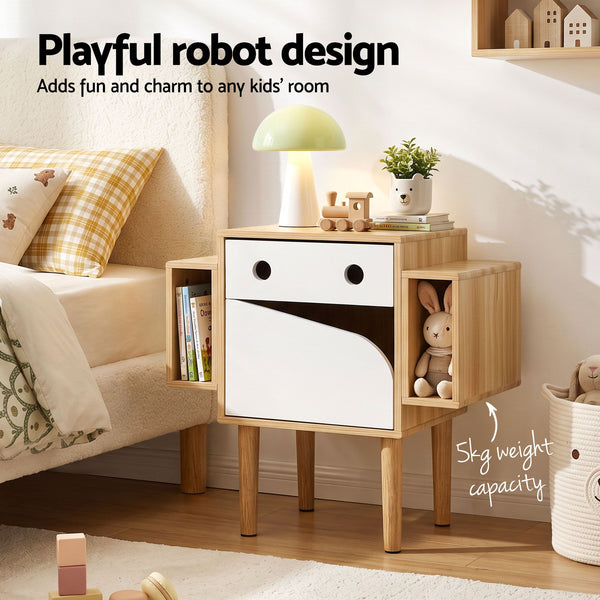 Artiss Bedside Table with Drawer Robot Design for Kids' Room Bedroom Pine Awezingly