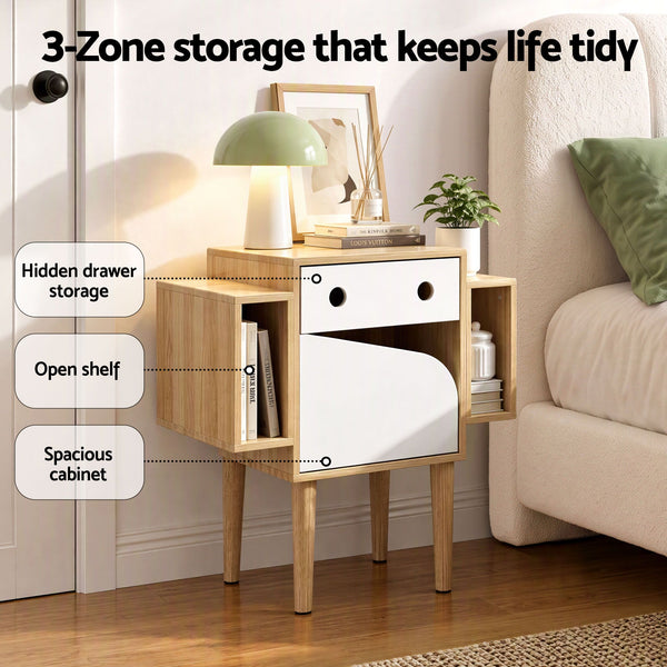 Artiss Bedside Table with Drawer Robot Design for Kids' Room Bedroom Pine Awezingly