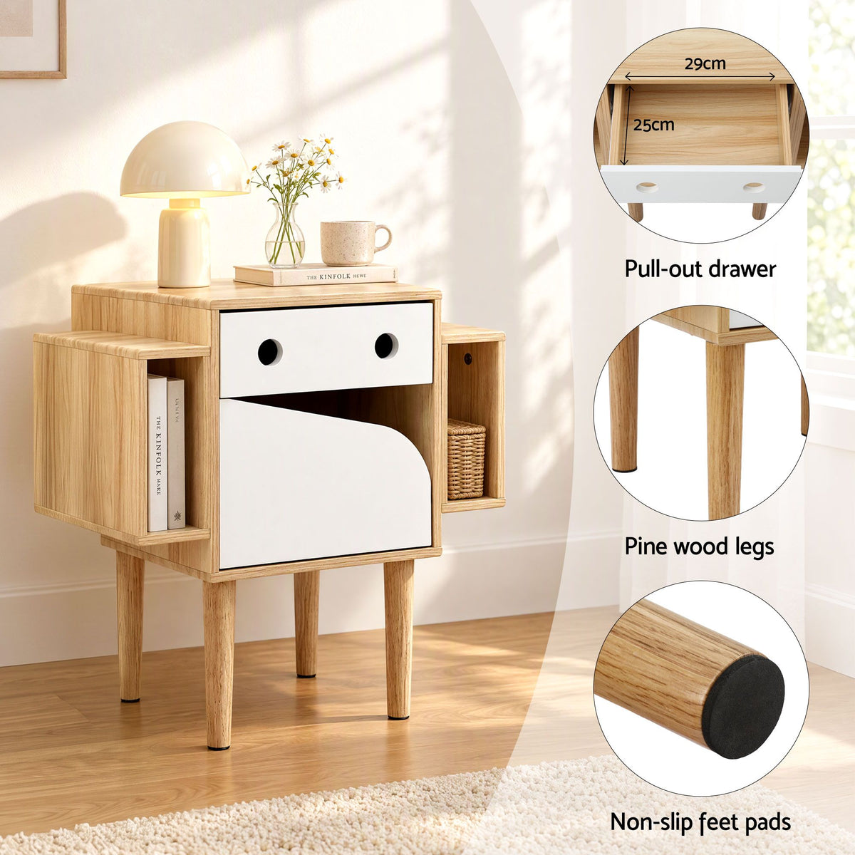 Artiss Bedside Table with Drawer Robot Design for Kids' Room Bedroom Pine Awezingly