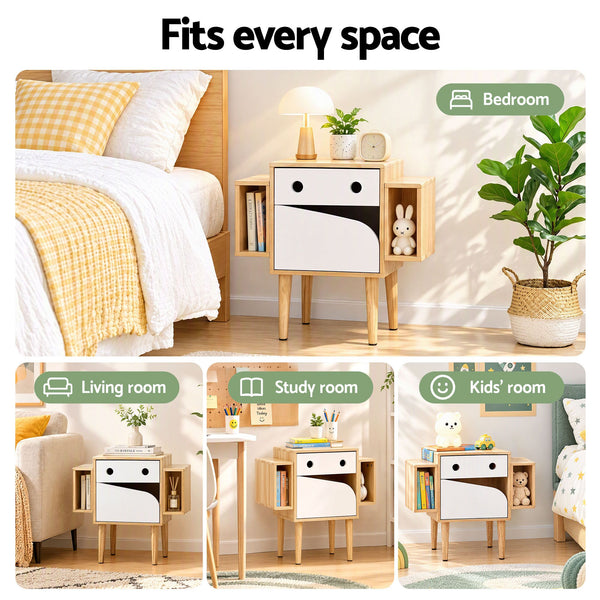 Artiss Bedside Table with Drawer Robot Design for Kids' Room Bedroom Pine Awezingly