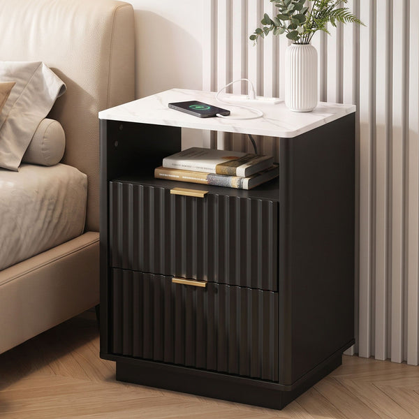 Artiss Bedside Table with Charging Station and 2 Drawers Black Awezingly